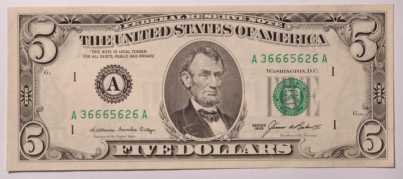 紫瑗钱币——第333期拍卖——纸币场 美国 1985年 A版 无序列 亚伯拉罕·林肯 5美元 小头版 UNC