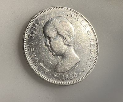 【世界银币】第一期全场包邮 - 1889年西班牙阿方索十三世婴儿头5比塞塔银币