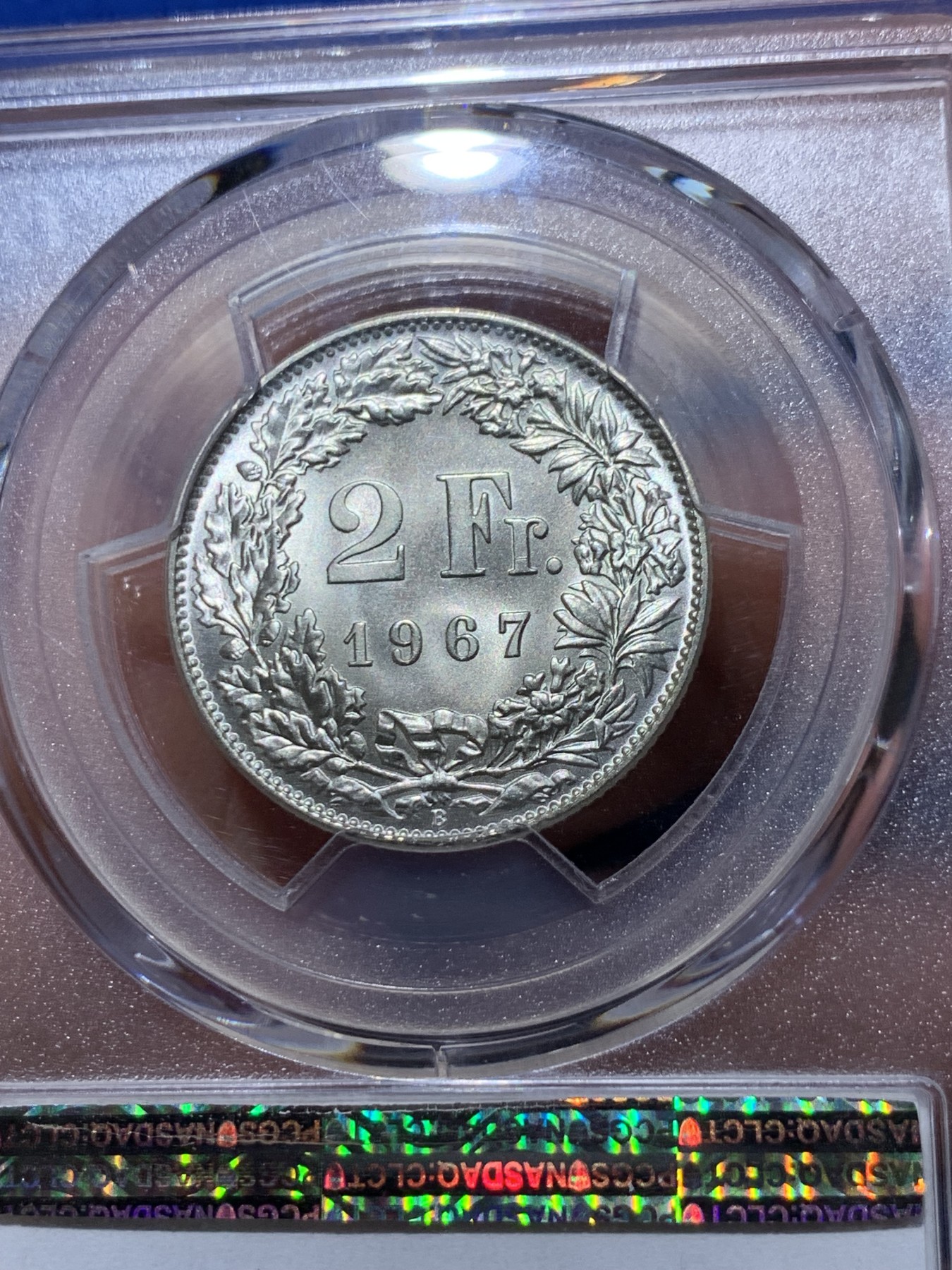 《竞宝斋》第252场-周日，周一2场连拍 (全场包邮) PCGS MS68 1967年瑞士2法郎银币，关门年份，完美品质，光泽丝滑，2法郎极致高分，十分难求