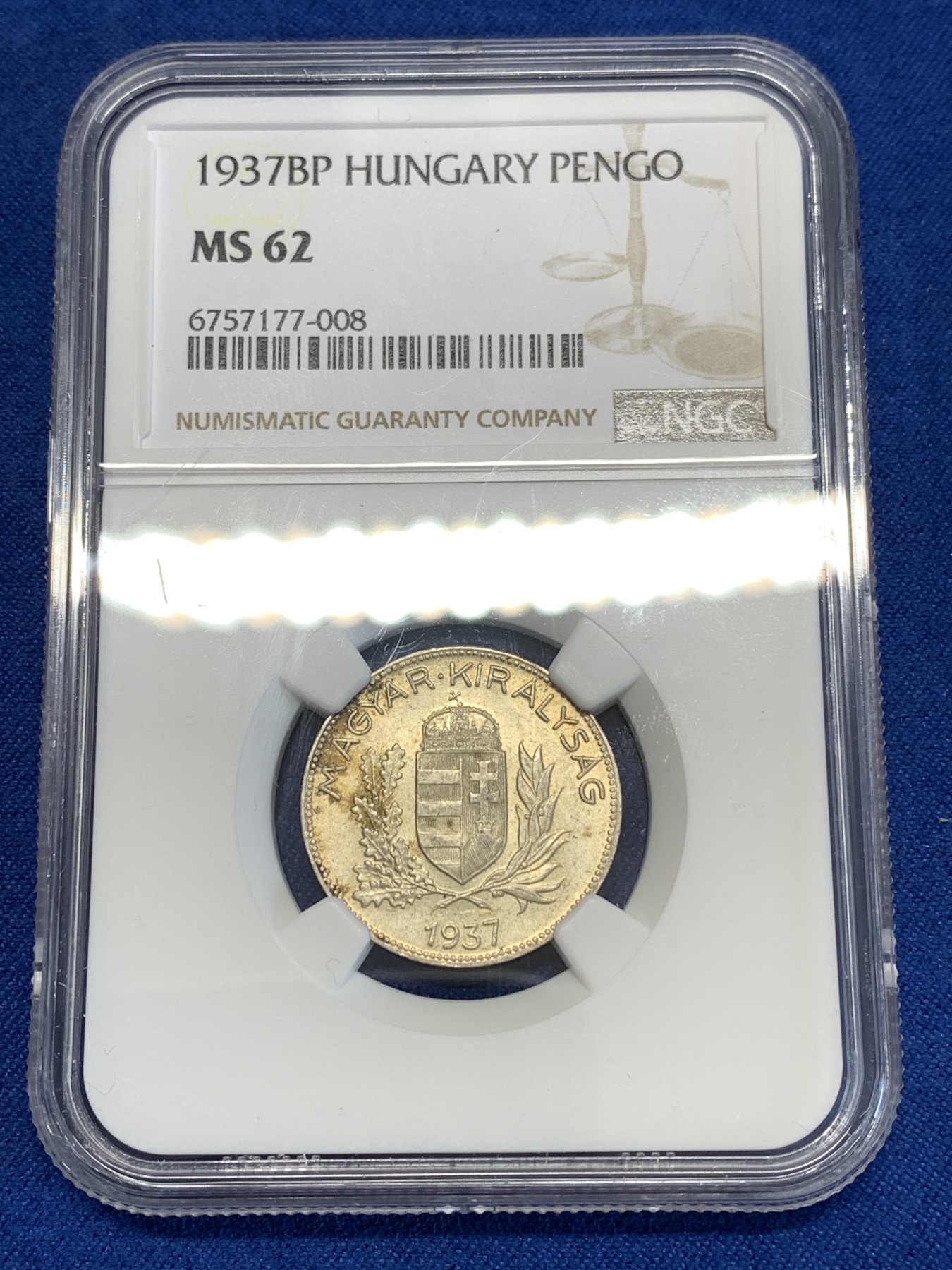 《竞宝斋》第252场-周日，周一2场连拍 (全场包邮) NGC MS62 匈牙利1937年1潘果银币