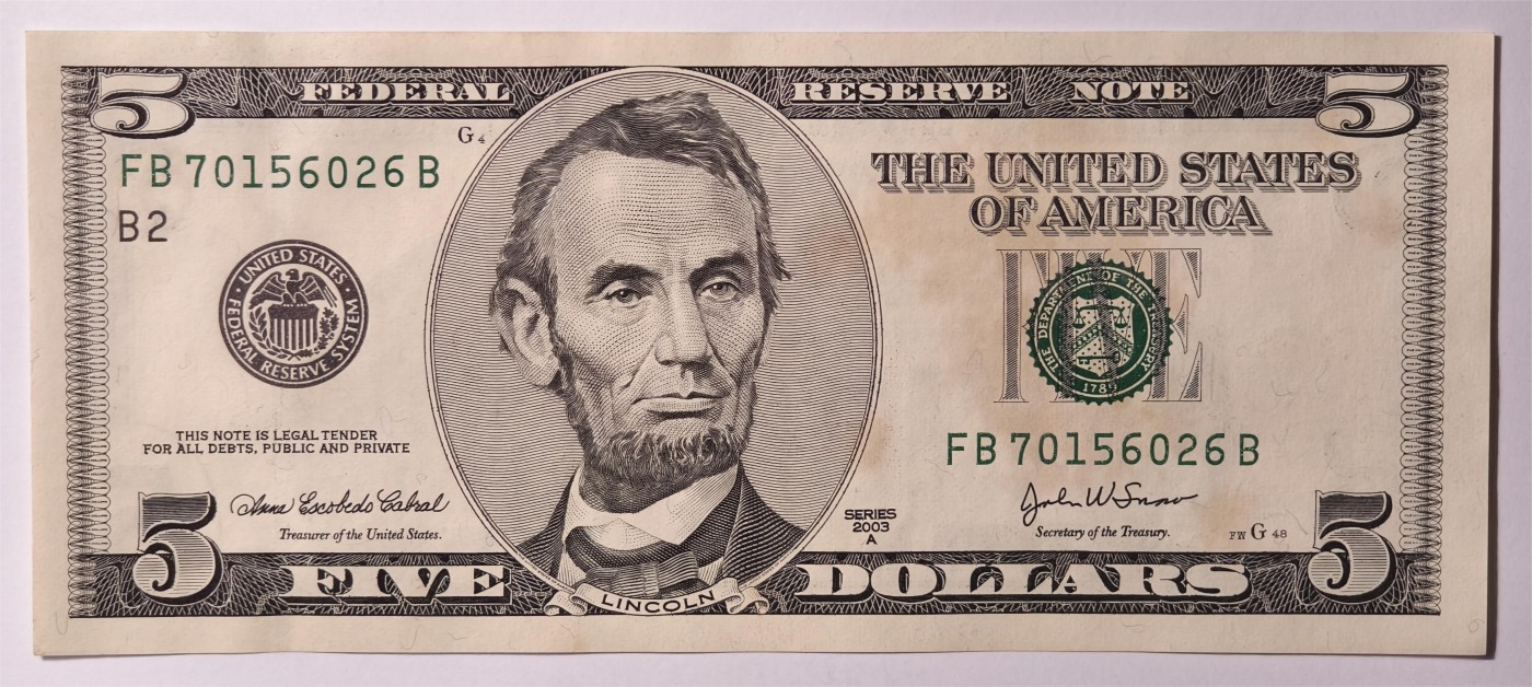 紫瑗钱币——第333期拍卖——纸币场 美国 2003年 B版 A序列 亚伯拉罕·林肯 5美元 大头版 UNC（有黄斑）