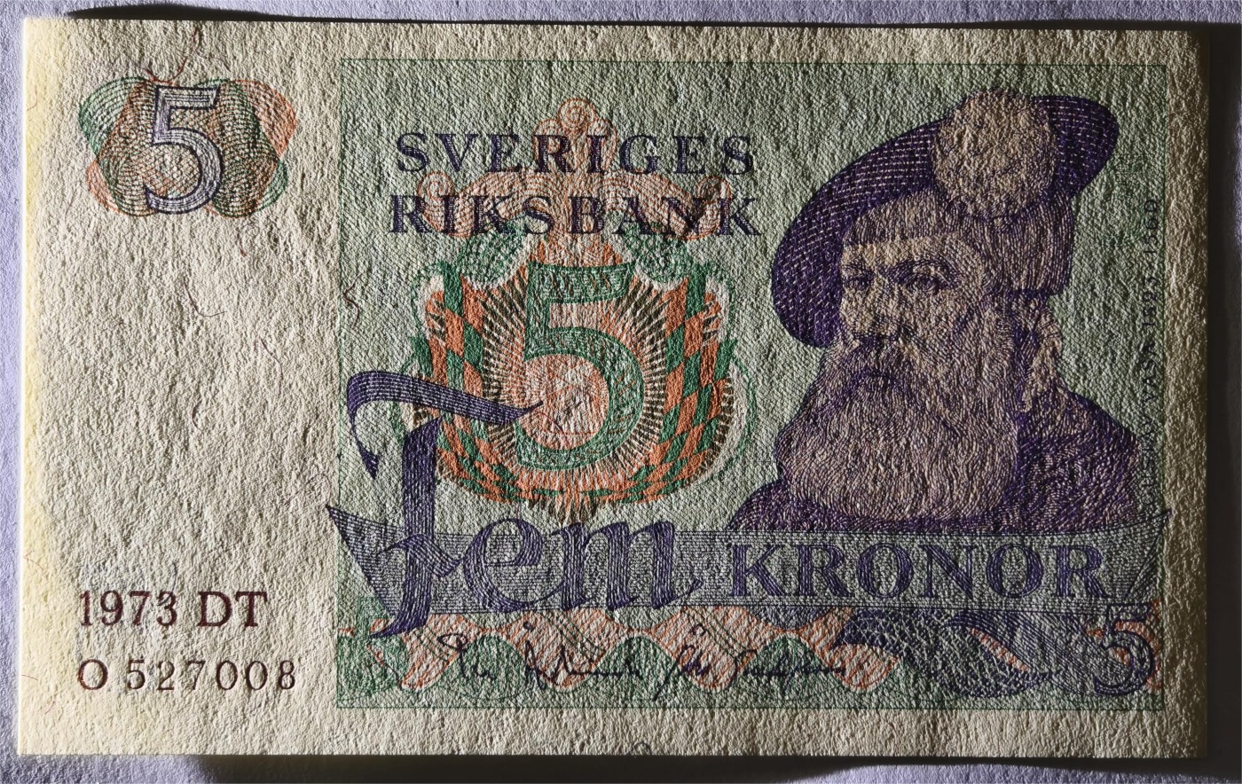 紫瑗钱币——第333期拍卖——纸币场 瑞典 1973年 瑞典银行 古斯塔夫一世 5克朗 深字 UNC