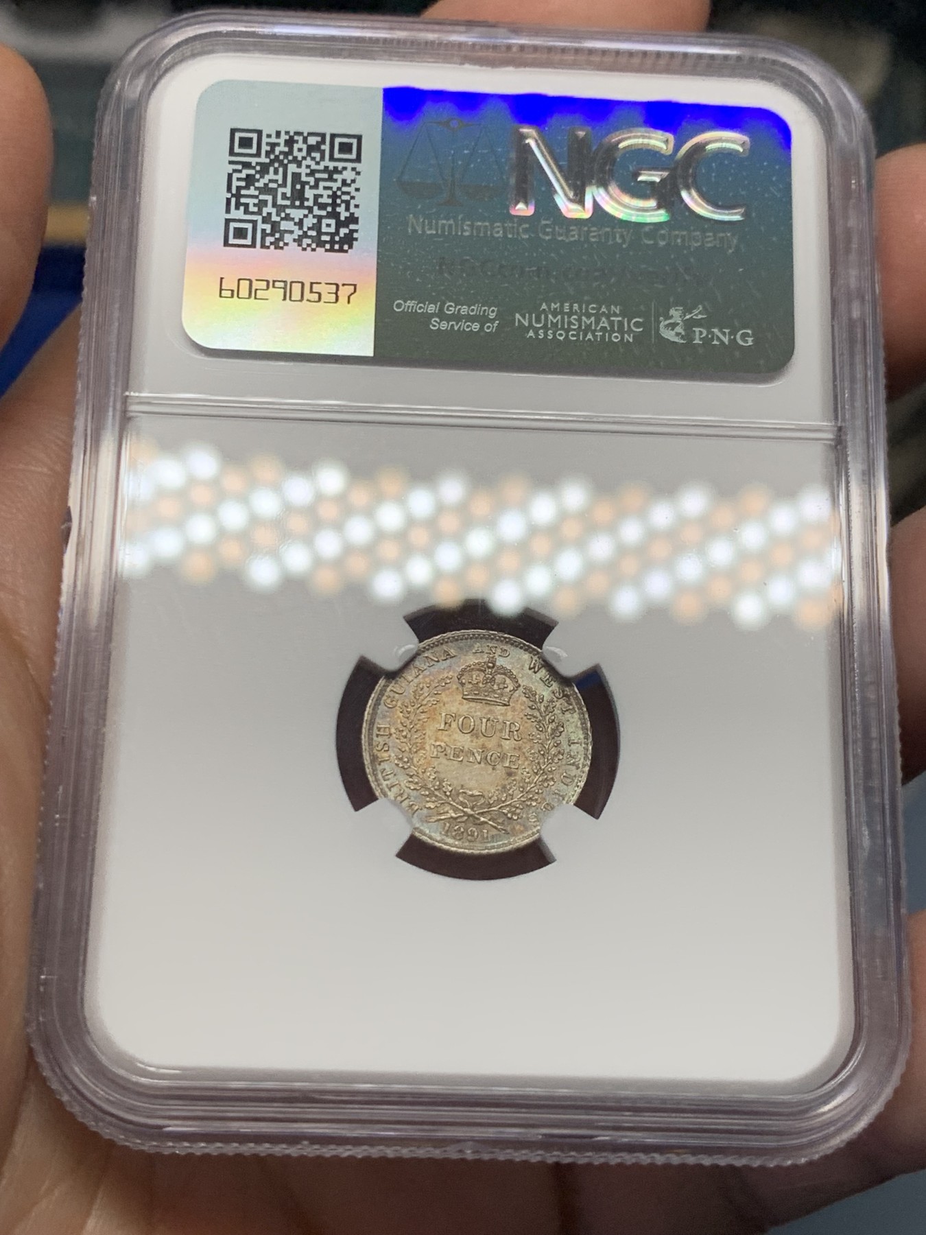 《竞宝斋》第252场-周日，周一2场连拍 (全场包邮) NGC MS63 英属圭亚那和西印度 1891年 4便士 维多利亚女王 银币