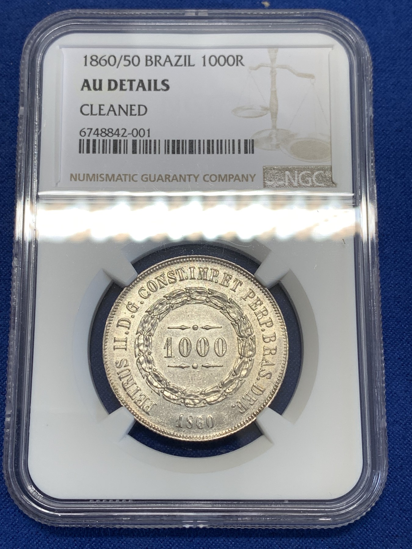 《竞宝斋》第252场-周日，周一2场连拍 (全场包邮) NGC AUD 1860/50 巴西 1000瑞斯 银币