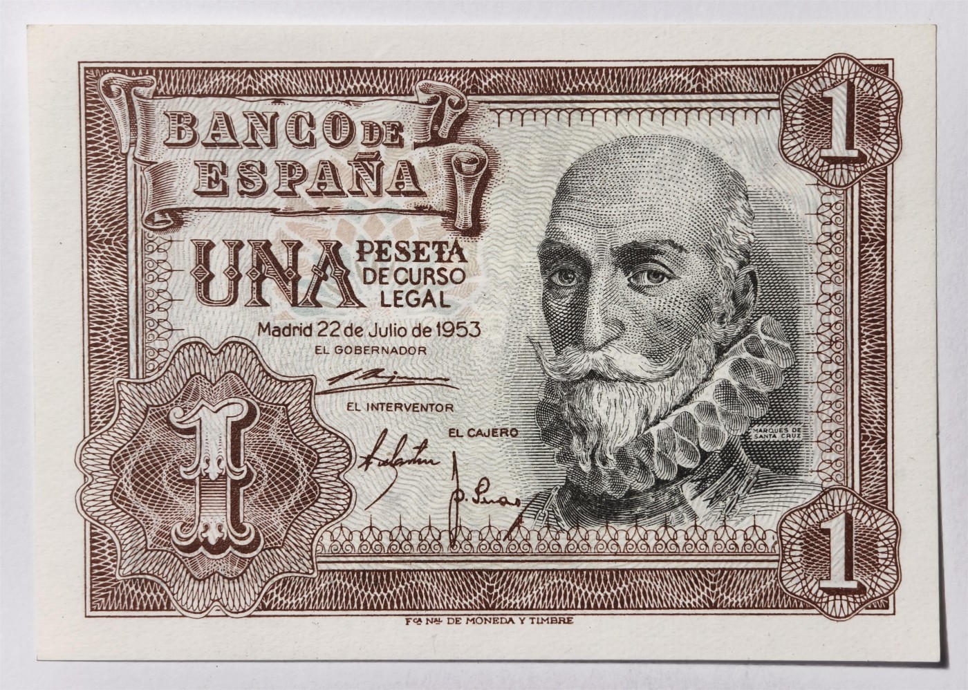 紫瑗钱币——第333期拍卖——纸币场 西班牙 1953年 阿尔瓦罗 1比塞塔 UNC (p-144a)