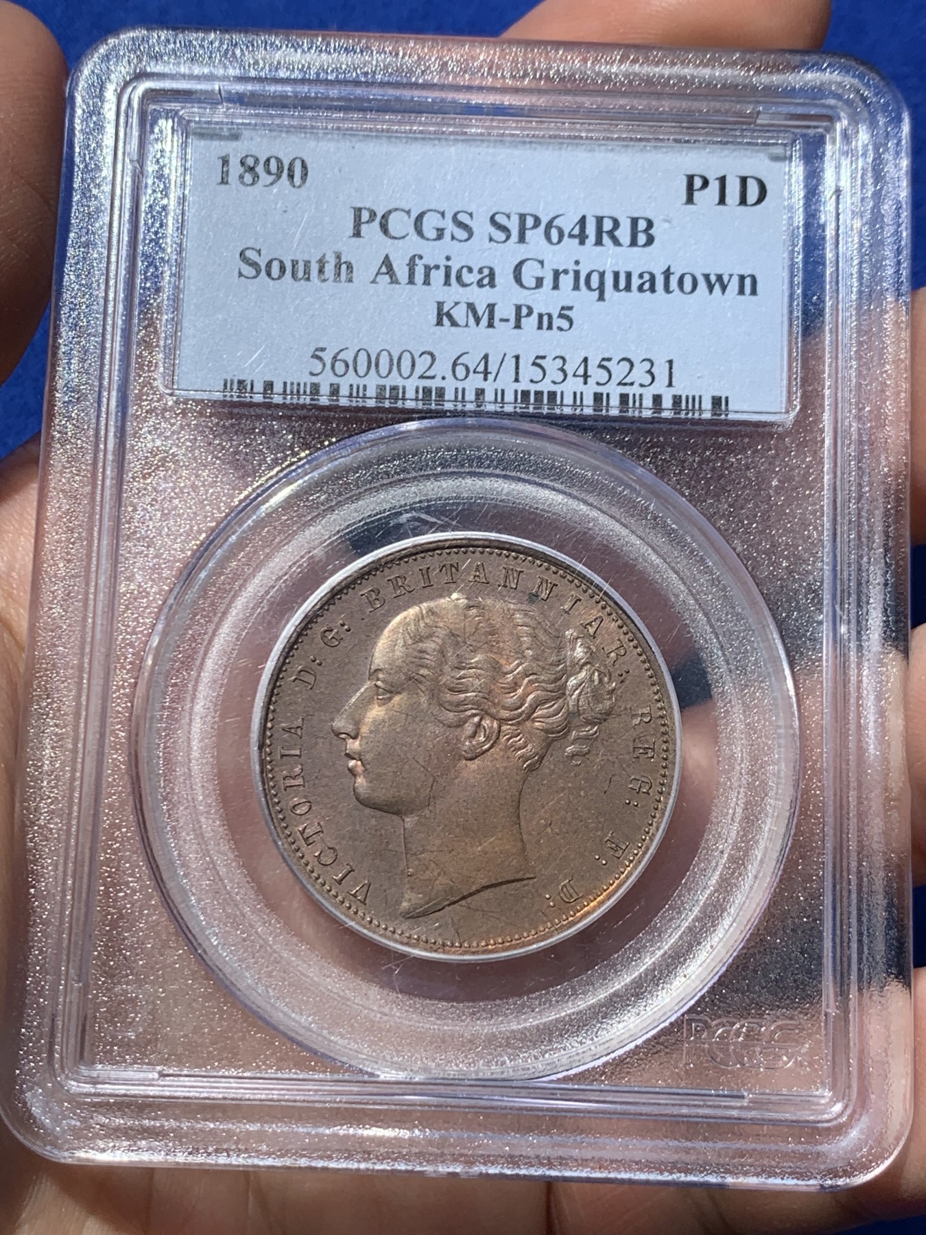 《竞宝斋》第252场-周日，周一2场连拍 (全场包邮) PCGS SP64RB 南非格里夸顿1890年维多利亚1便士带年份版 传统名誉品，两版一共只铸造了150枚，有年份版存世量更少！
