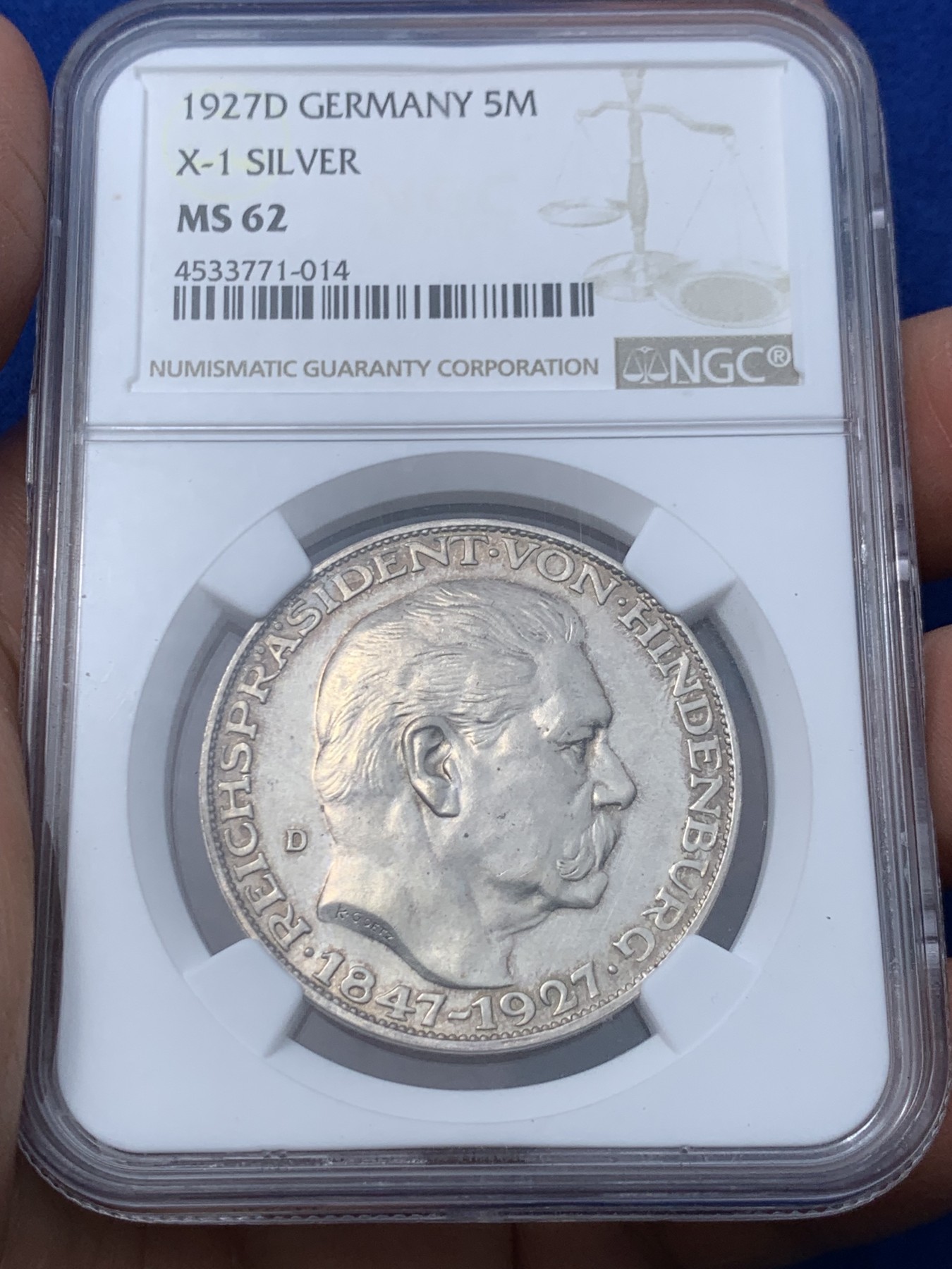 《竞宝斋》第252场-周日，周一2场连拍 (全场包邮) NGC MS62 魏玛德国 1927年 兴登堡80大寿5马克币型银章，卡尔哥茨经典作品