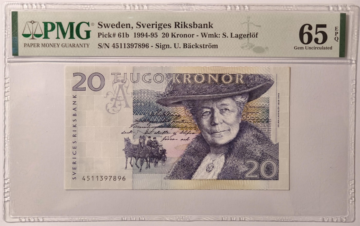 紫瑗钱币——第361期拍卖——纸币场 【PMG 65EPQ】瑞典 1994-95年 骑鹅旅行记 20克朗 (P-61b）