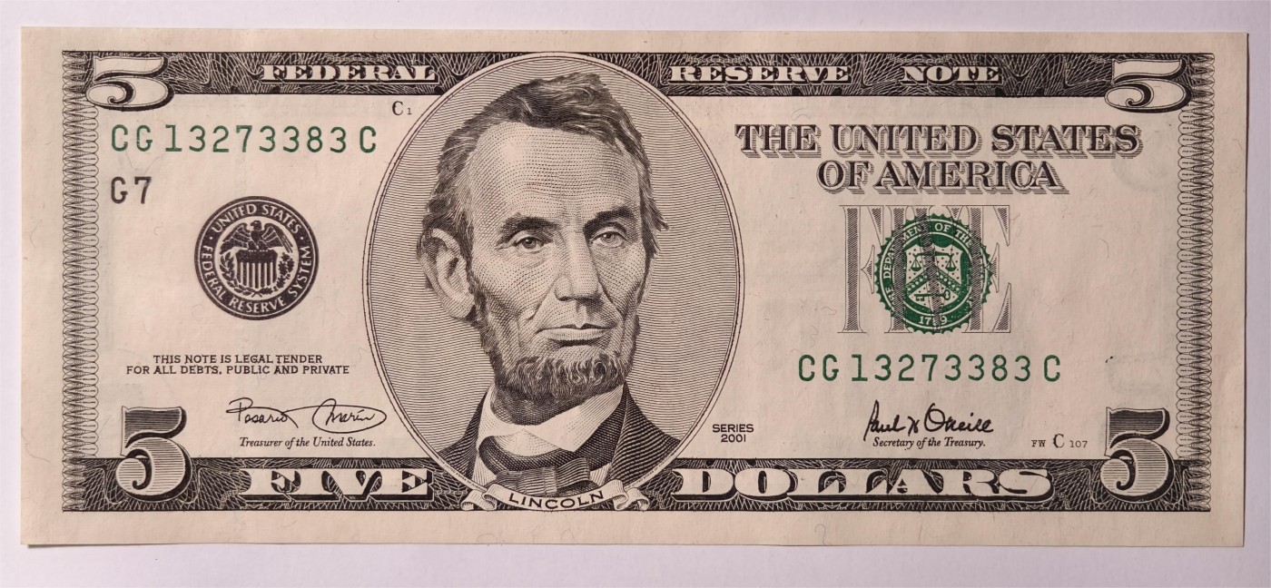 紫瑗钱币——第333期拍卖——纸币场 美国 2001年 G版 无序列 亚伯拉罕·林肯 5美元 大头版 UNC