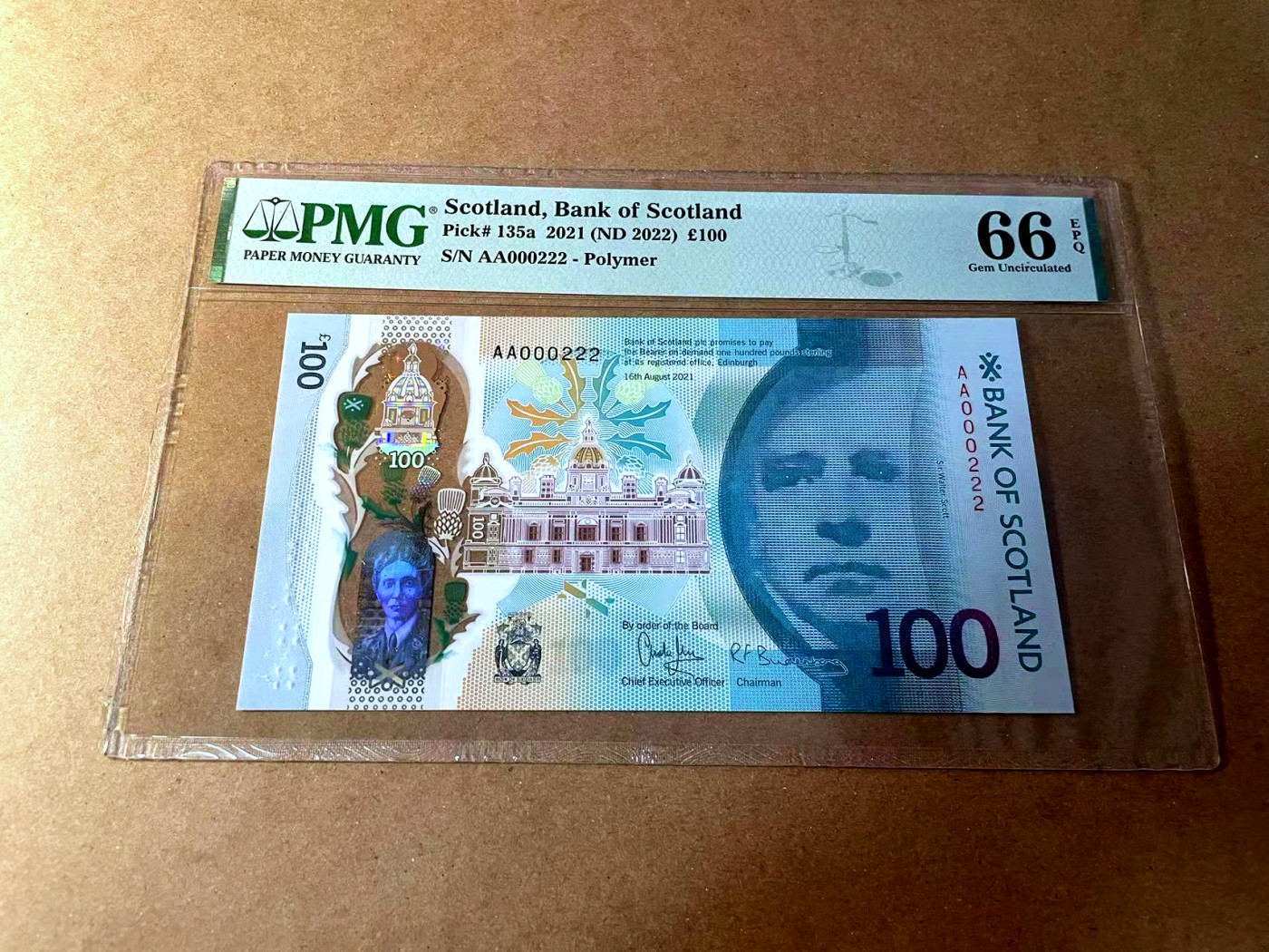 【Blue Auction】✨世界纸币精拍第450期——英伦三岛专场 【AA冠222豹子号 p336a】苏格兰 2022年100镑 PMG66EPQ  罕见号码
