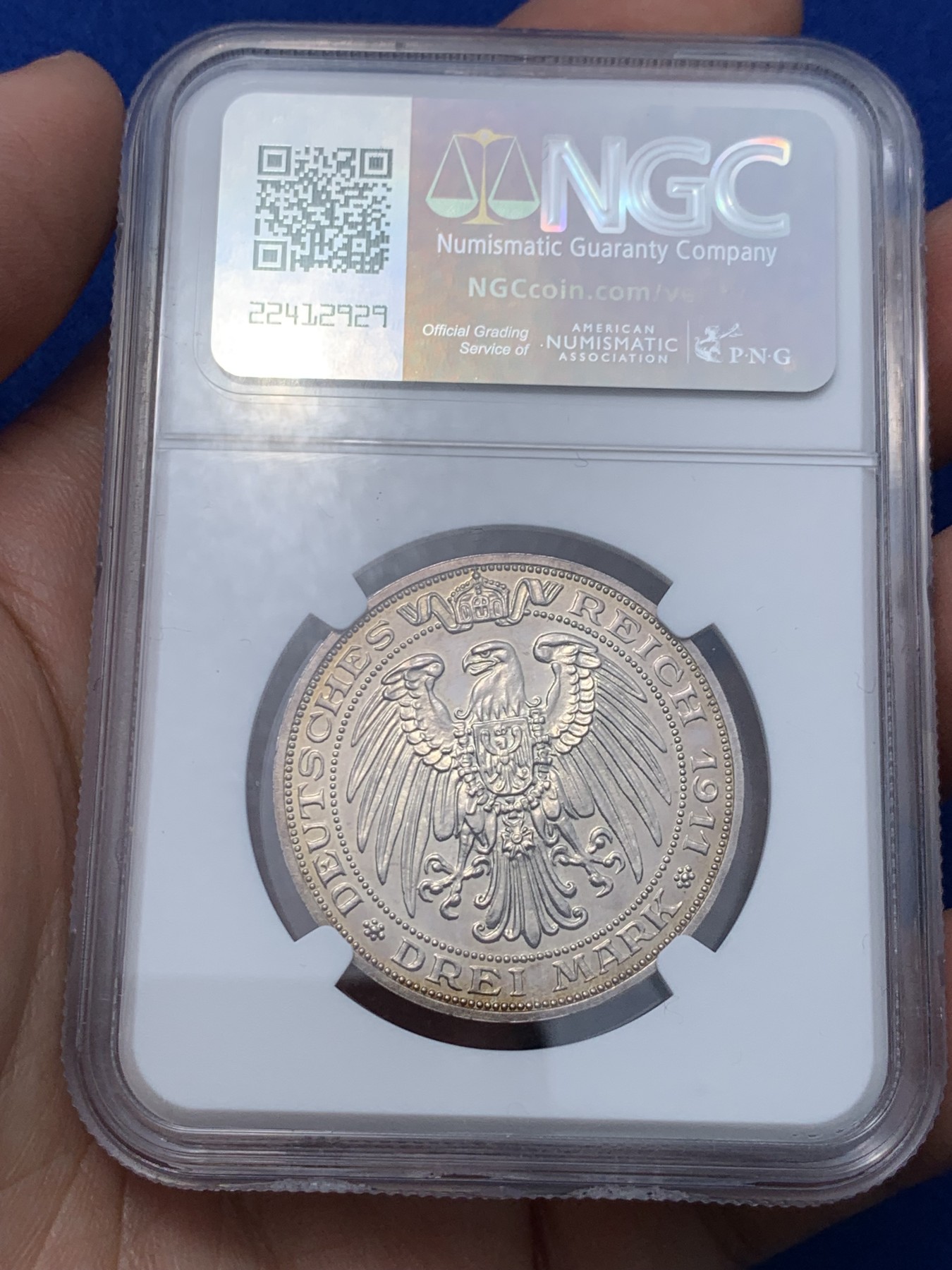 《竞宝斋》第252场-周日，周一2场连拍 (全场包邮) NGC PF63CA 德国普鲁士1911年布雷斯劳大学精制3马克银币 金色包浆 感觉低评