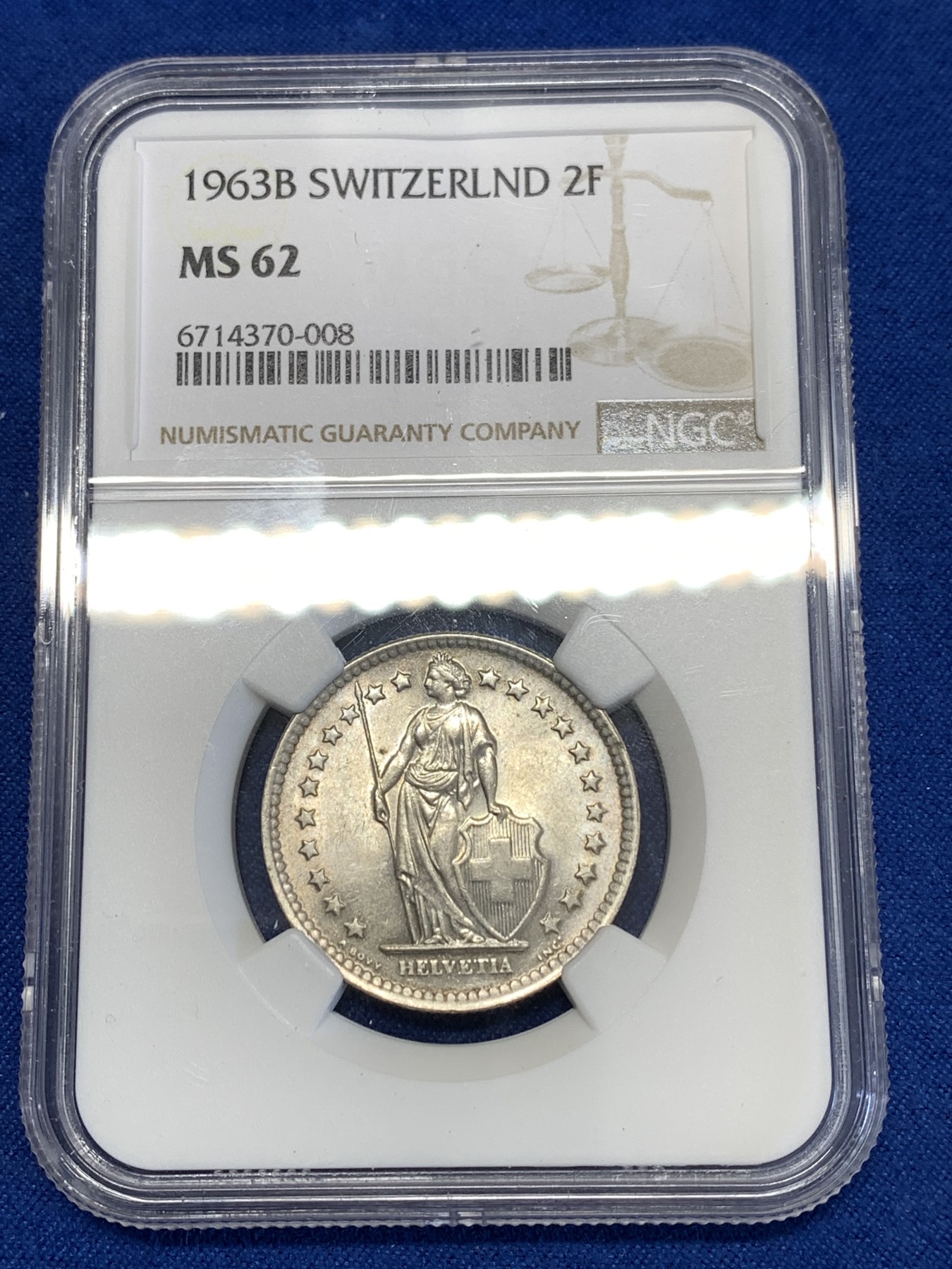 《竞宝斋》第252场-周日，周一2场连拍 (全场包邮) NGC MS62 瑞士 1963年 赫尔维蒂亚 雪山女神 2法郎 银币