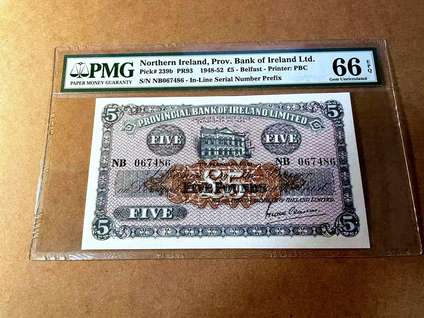 【Blue Auction】✨世界纸币精拍第450期——英伦三岛专场 【p239b】北爱尔兰 1948-52年5镑 PMG66EPQ 早期较少见品种 精美 