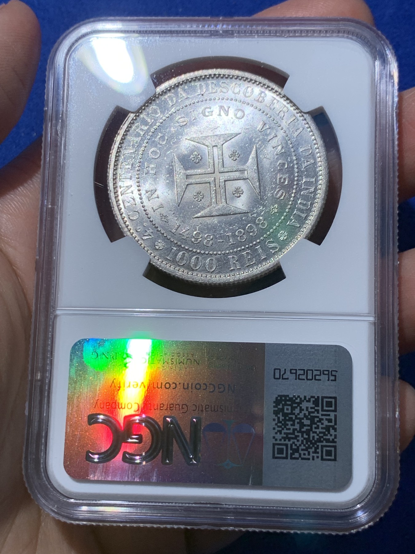 《竞宝斋》第252场-周日，周一2场连拍 (全场包邮) NGC MS60 葡萄牙1898年发现印度戎装版1000瑞斯大银币