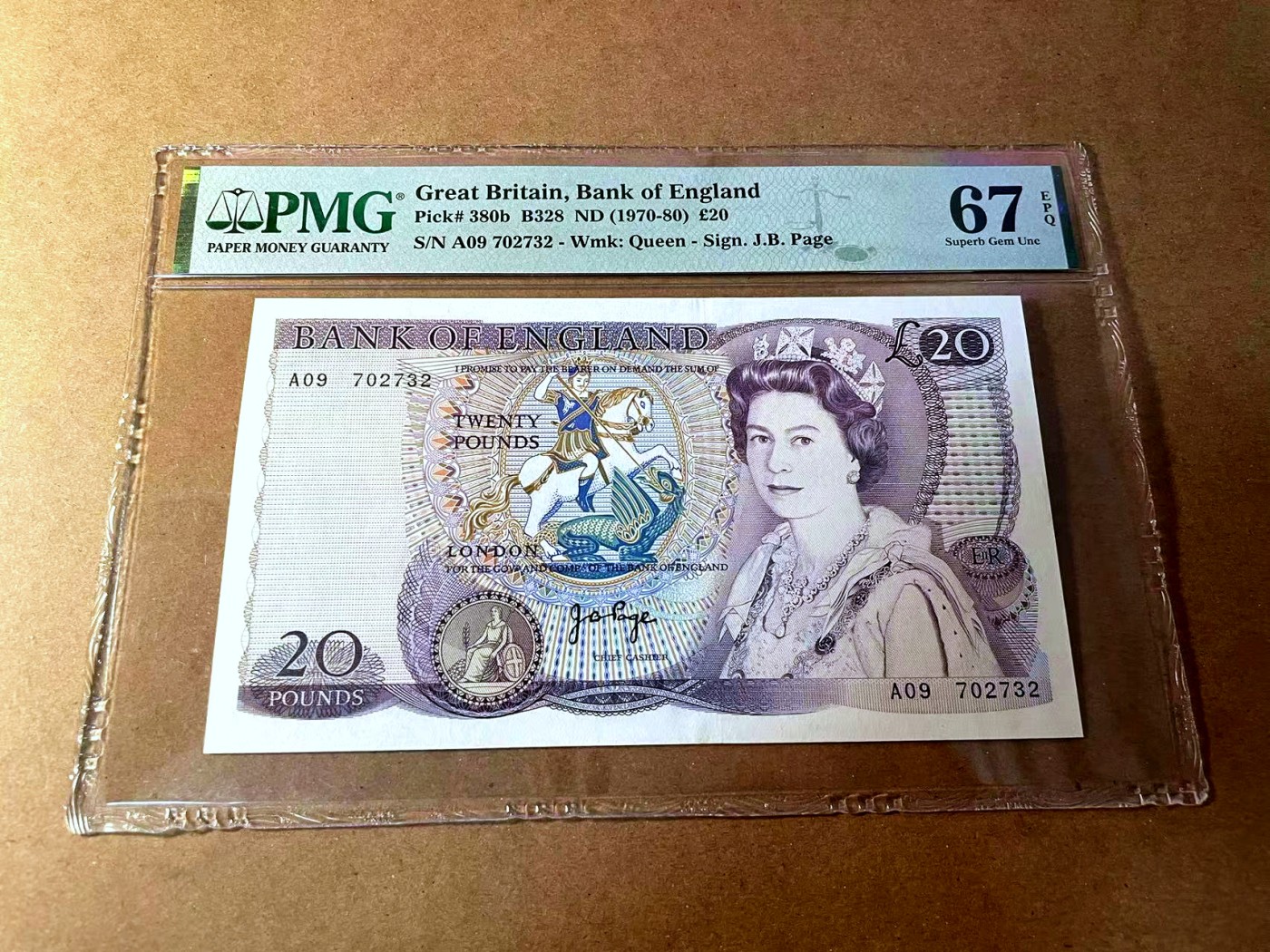 【Blue Auction】✨世界纸币精拍第450期——英伦三岛专场 【p380b A09冠】英格兰1970-80年20镑 PMG67EPQ 高分