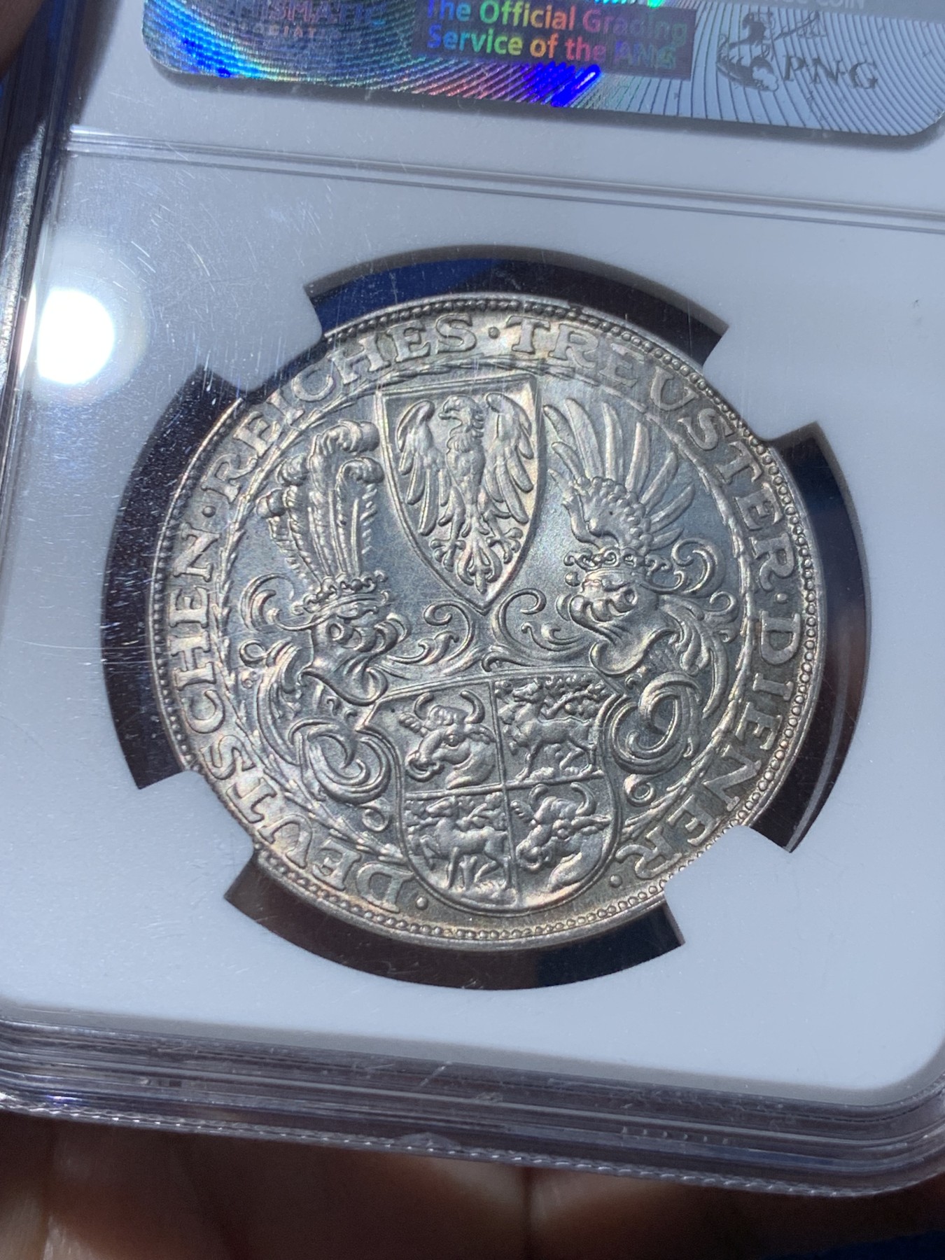 《竞宝斋》第252场-周日，周一2场连拍 (全场包邮) NGC MS62 魏玛德国 1927年 兴登堡80大寿5马克币型银章，卡尔哥茨经典作品
