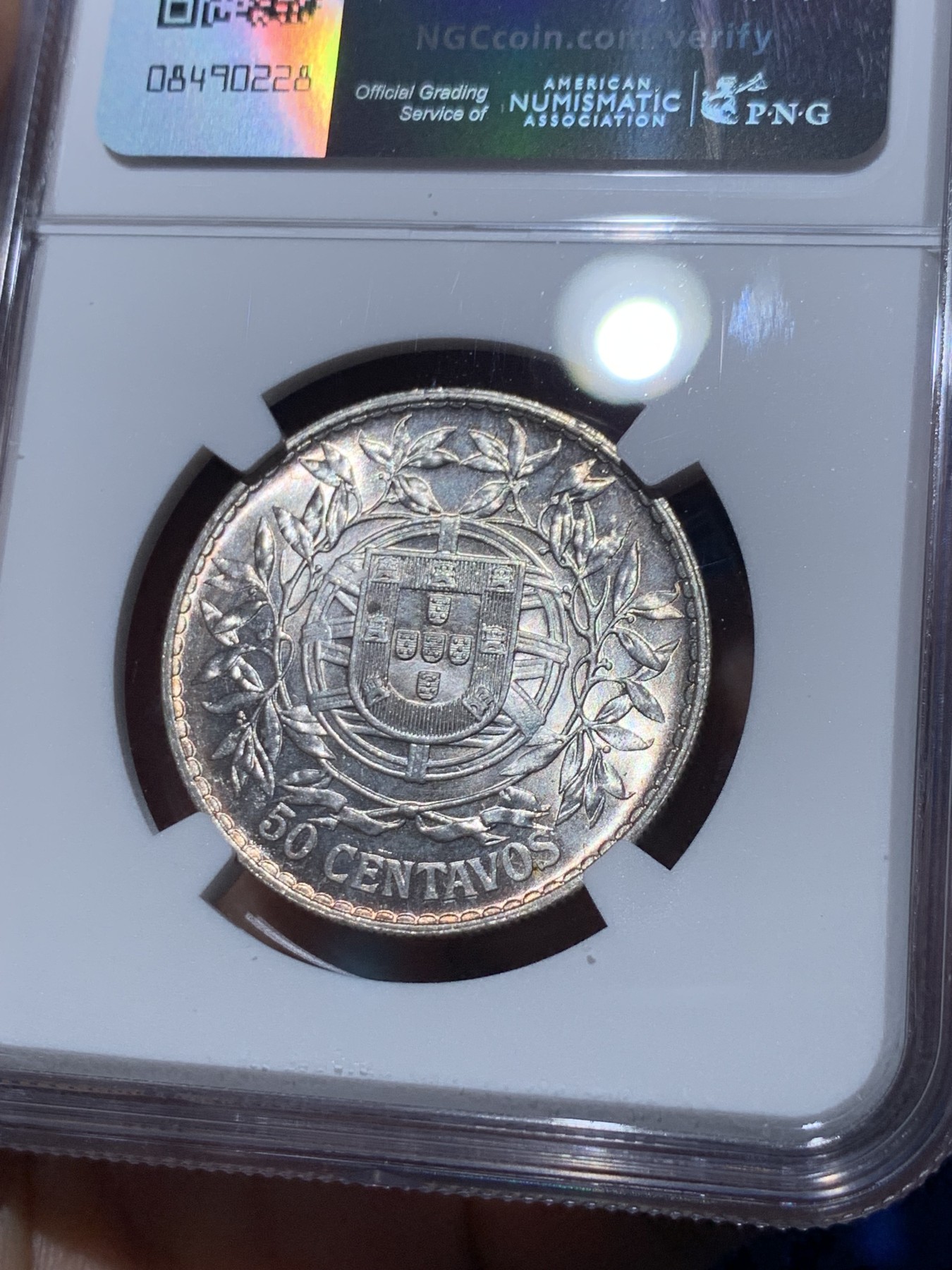 《竞宝斋》第252场-周日，周一2场连拍 (全场包邮) NGC MS62 葡萄牙1916年 自由女神半圆 50分银币
