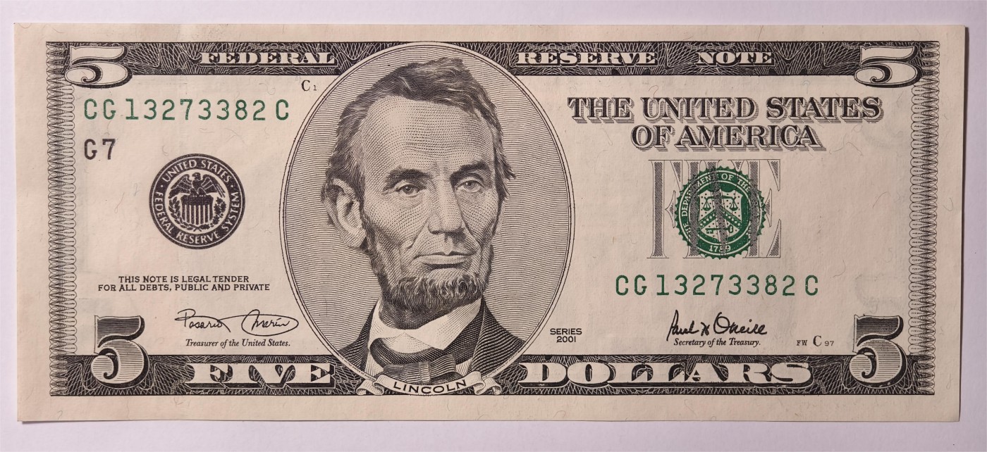 紫瑗钱币——第333期拍卖——纸币场 美国 2001年 G版 无序列 亚伯拉罕·林肯 5美元 大头版 UNC