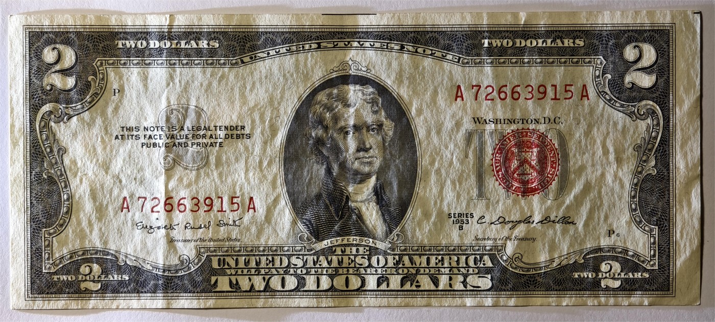 紫瑗钱币——第333期拍卖——纸币场 美国 1953年 B序列 托马斯·杰斐逊 2美元 红印 政府券 AU