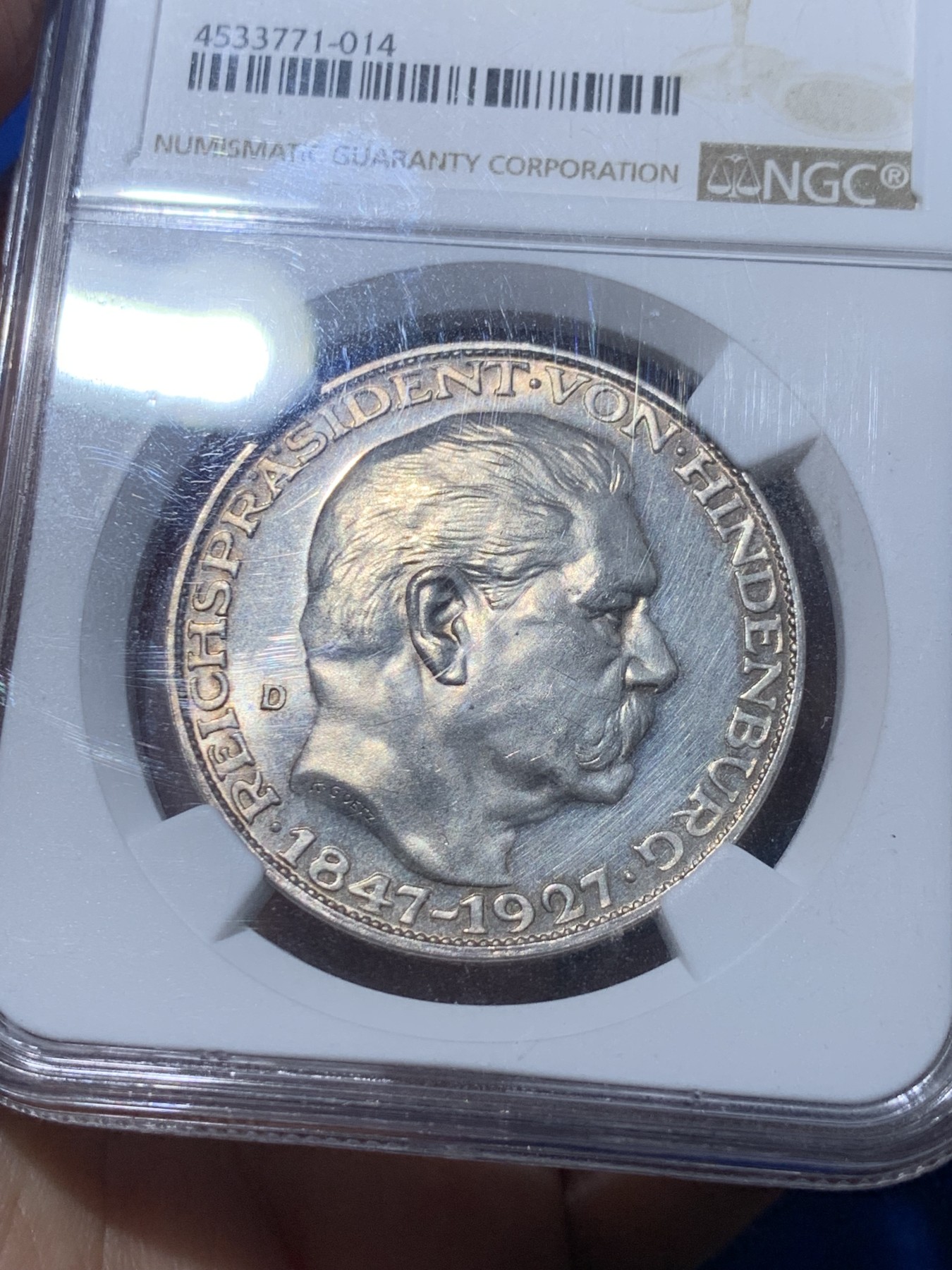 《竞宝斋》第252场-周日，周一2场连拍 (全场包邮) NGC MS62 魏玛德国 1927年 兴登堡80大寿5马克币型银章，卡尔哥茨经典作品