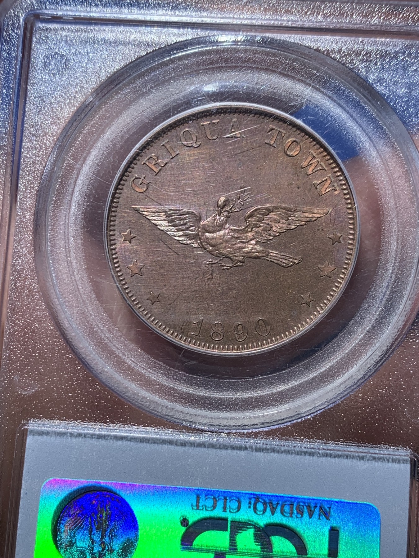 《竞宝斋》第252场-周日，周一2场连拍 (全场包邮) PCGS SP64RB 南非格里夸顿1890年维多利亚1便士带年份版 传统名誉品，两版一共只铸造了150枚，有年份版存世量更少！