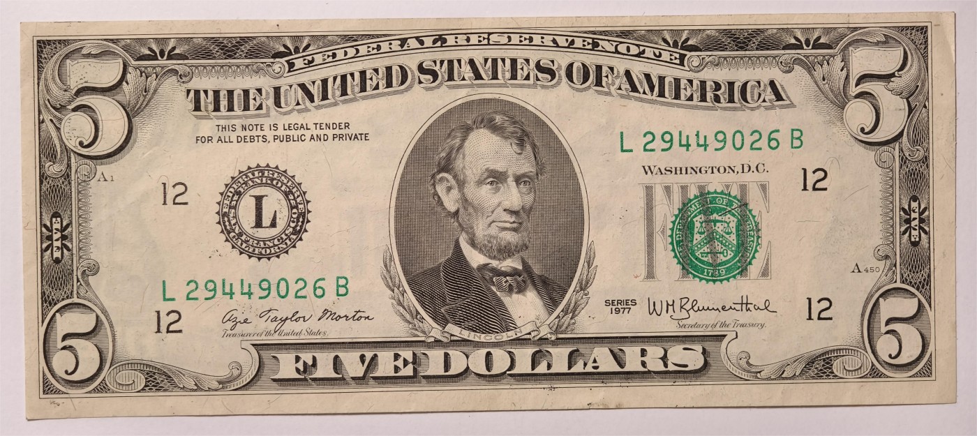 紫瑗钱币——第333期拍卖——纸币场 美国 1977年 L版 无序列 亚伯拉罕·林肯 5美元 小头版 UNC-