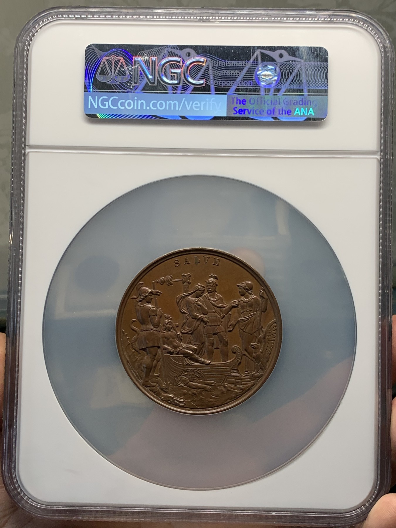 《竞宝斋》第252场-周日，周一2场连拍 (全场包邮) NGC MS64BN 英国1858威廉和维多利亚结婚纪念铜章 经典品种 大盒封装