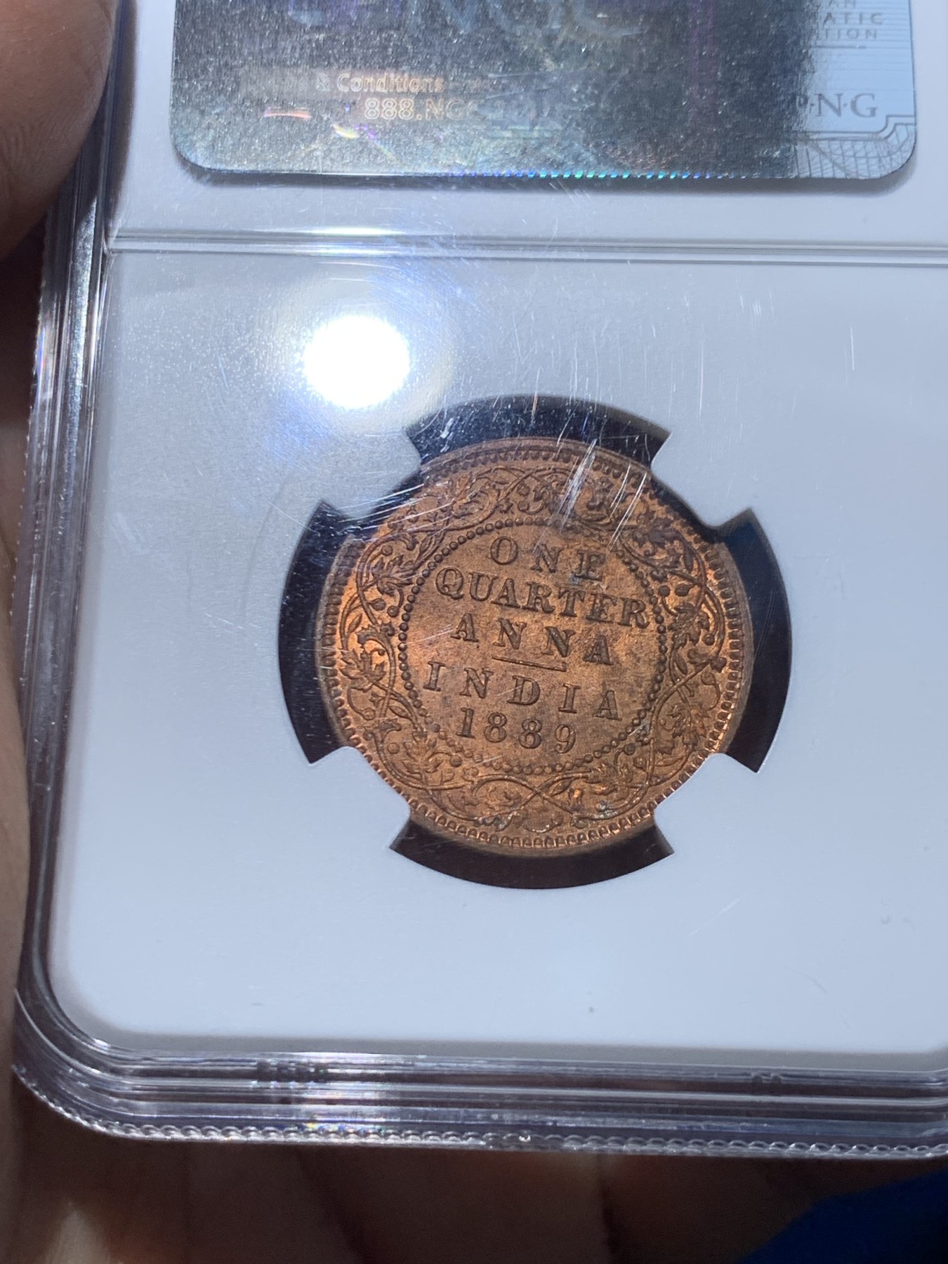 《竞宝斋》第252场-周日，周一2场连拍 (全场包邮) NGC MS63RB 1889英属印度维多利亚1/4安娜铜币 品相好
