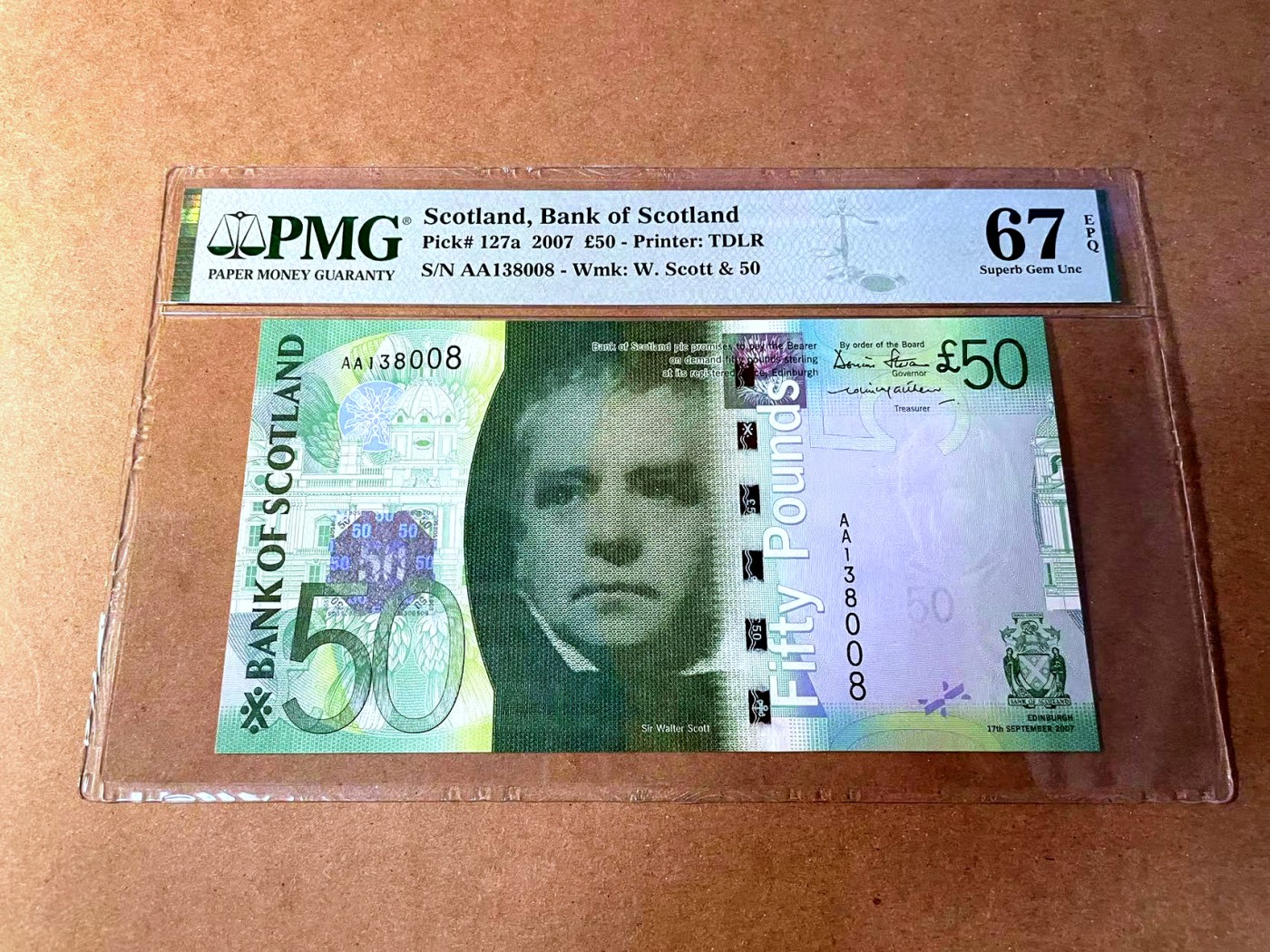 【Blue Auction】✨世界纸币精拍第450期——英伦三岛专场 【p127a 获奖钞 无47】苏格兰 2007年50镑 PMG67EPQ 高分