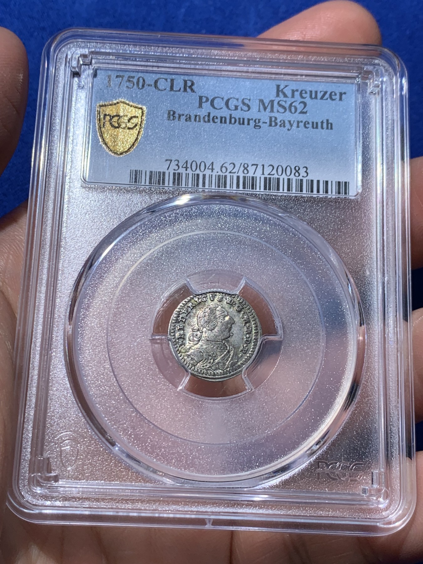 《竞宝斋》第252场-周日，周一2场连拍 (全场包邮) 季军分 PCGS MS62 德国勃兰登堡-拜罗伊特1750年1克鲁泽 银币 深打极美品  状态一流  高分仅2枚