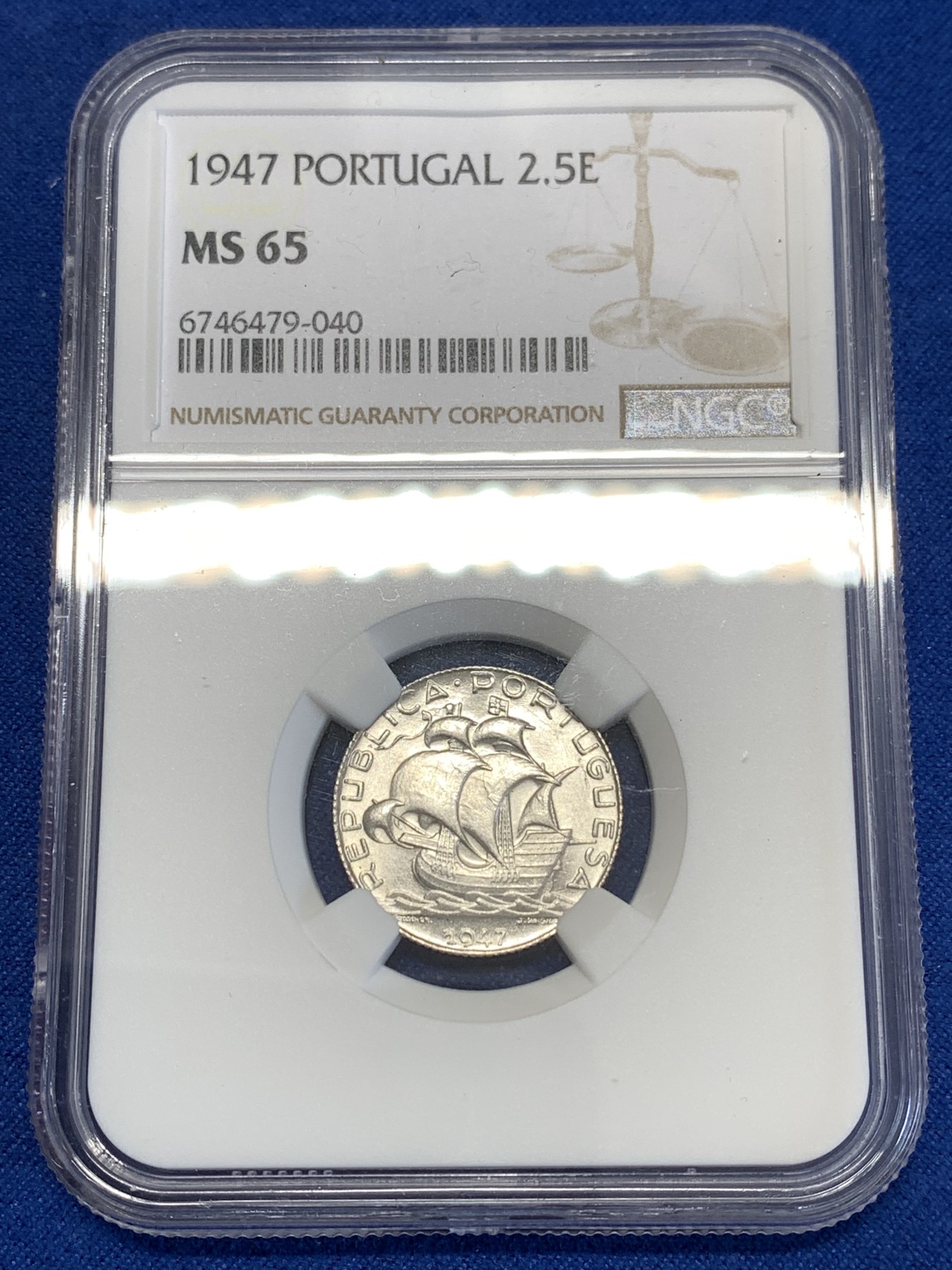 《竞宝斋》第252场-周日，周一2场连拍 (全场包邮) NGC MS65 葡萄牙1947年帆船2.5埃斯库多银币 少见年份