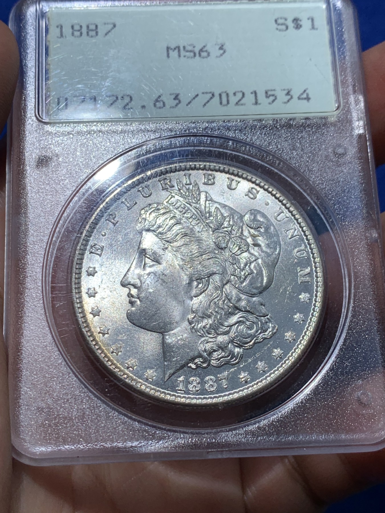 《竞宝斋》第252场-周日，周一2场连拍 (全场包邮) PCGS MS63 美国 1887 摩根银币 初代老盒子 银光十足 微彩 低评状态 摇摇乐稀少封装