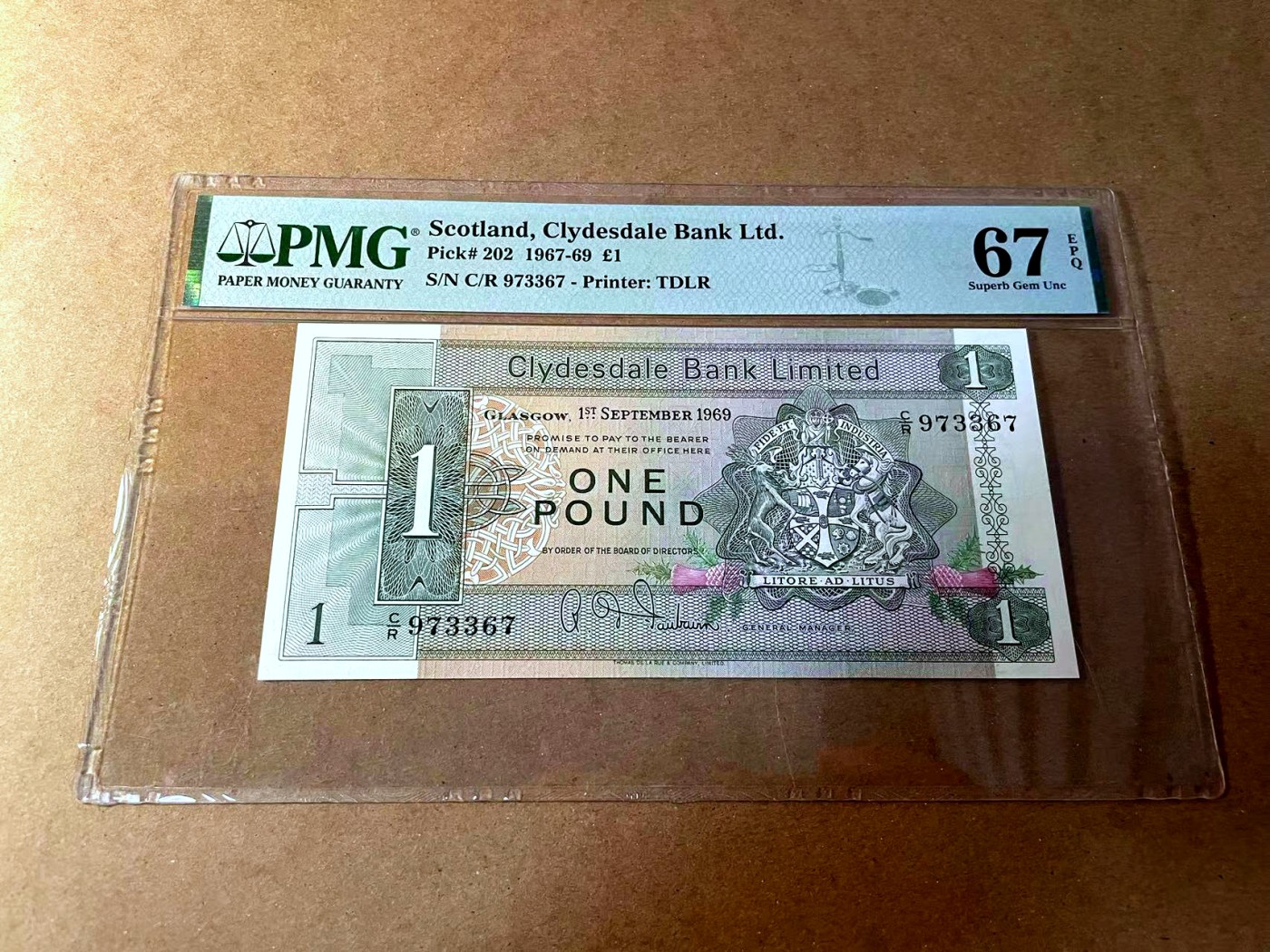 【Blue Auction】✨世界纸币精拍第450期——英伦三岛专场 【p202】苏格兰 1969年1镑 PMG67EPQ 高分 经典大船