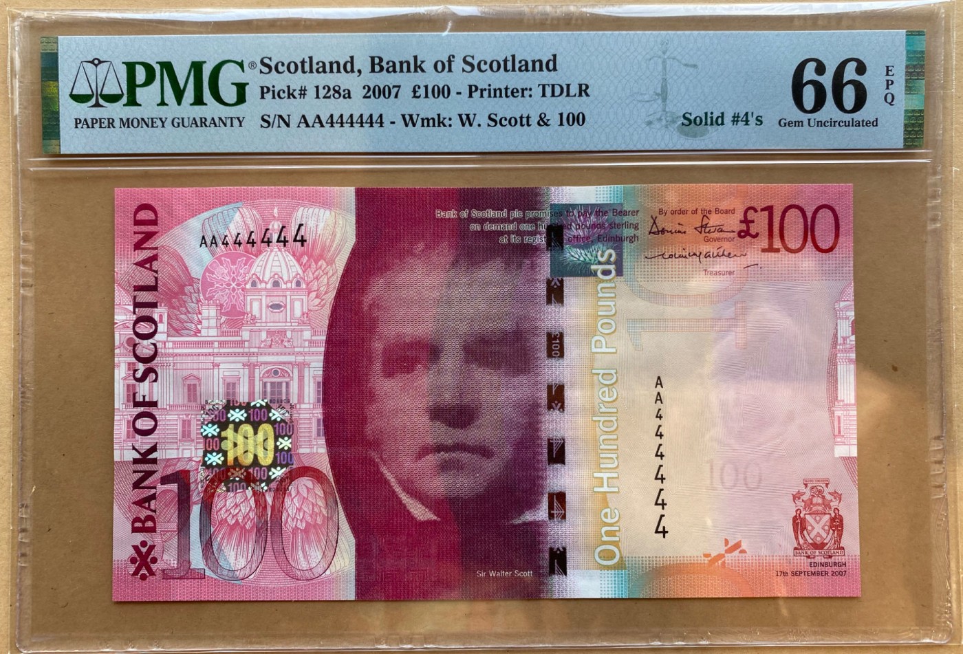 【Blue Auction】✨世界纸币精拍第450期——英伦三岛专场 【p128a AA冠全同4少见】苏格兰 2007年100镑 PMG66EPQ 