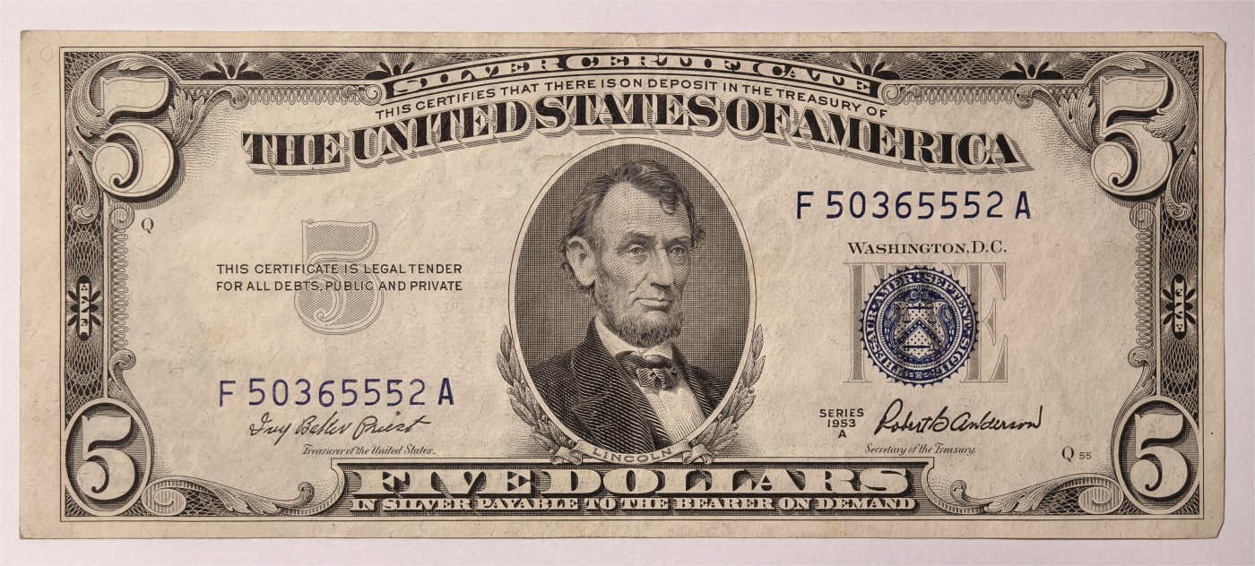 紫瑗钱币——第333期拍卖——纸币场 美国 1953年 A序列 亚伯拉罕·林肯 5美元 蓝印 银元券 AU
