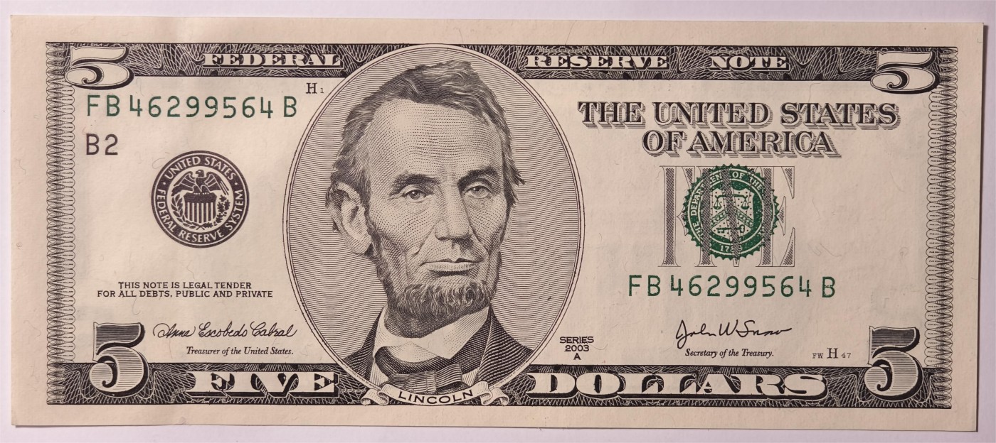 紫瑗钱币——第347期拍卖——纸币场 美国 2003年 B版 A序列 亚伯拉罕·林肯 5美元 大头版 UNC
