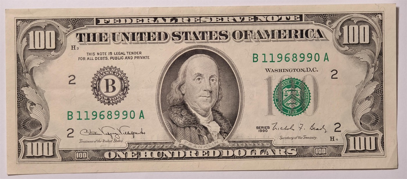 紫瑗钱币——第333期拍卖——纸币场 美国 1990年 B版 无序列 本杰明·富兰克林 100美元 小头版 UNC