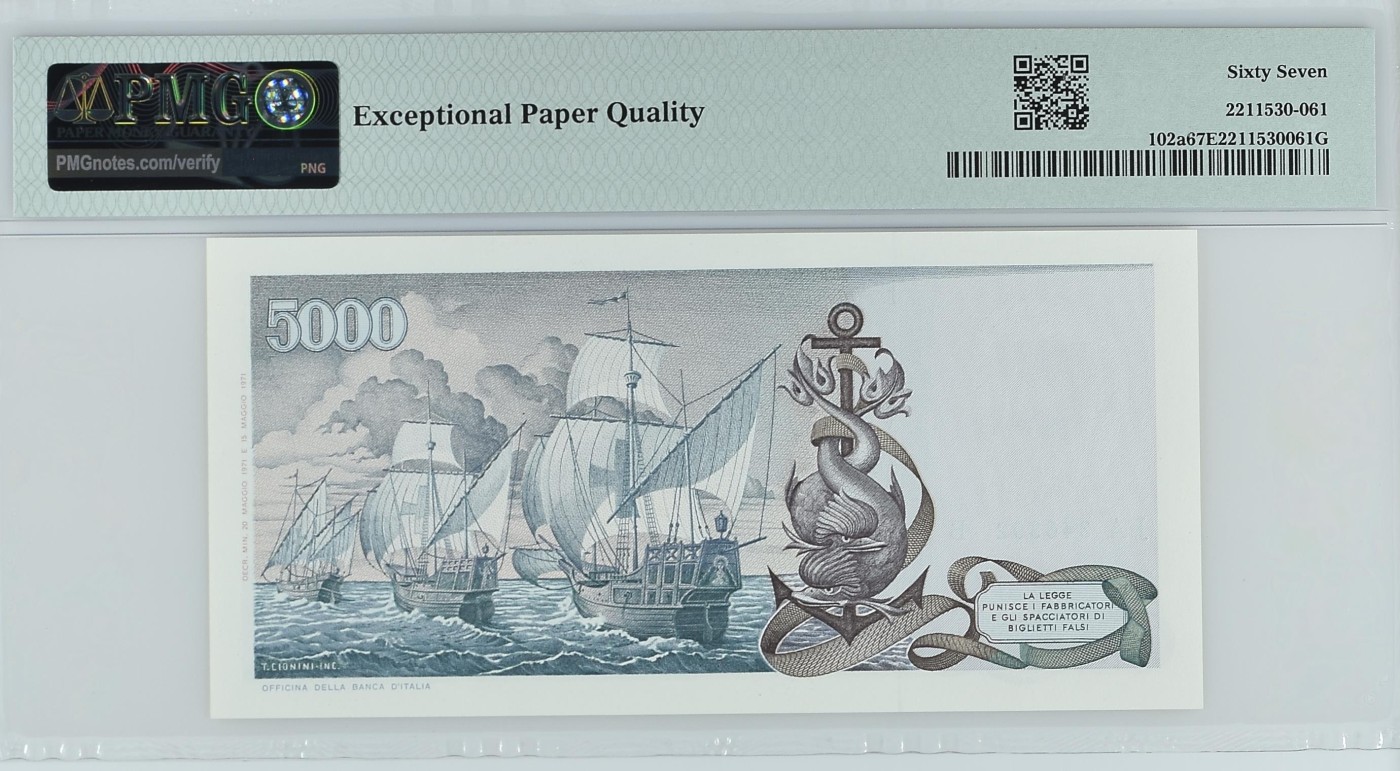 收藏联盟Quantum Auction 第333期拍卖  意大利1971年5000里拉 PMG67 a版 哥伦布