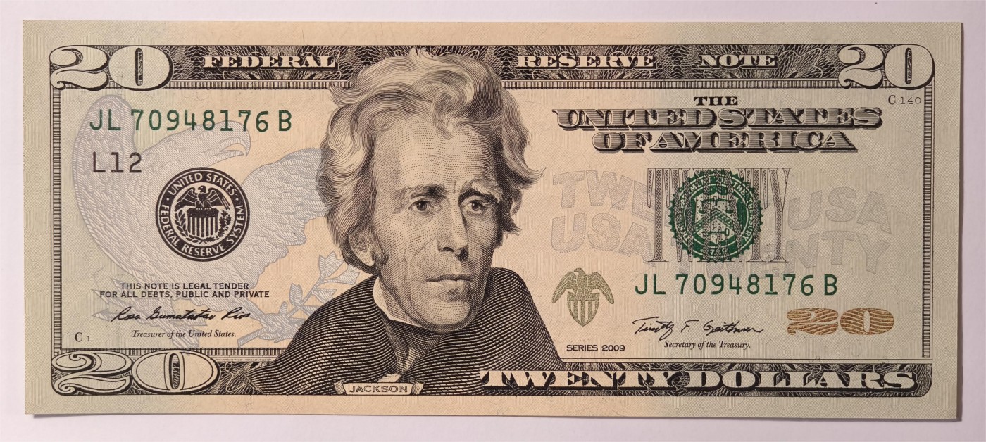 紫瑗钱币——第333期拍卖——纸币场 美国 2009年 L版 无序列 安德鲁·杰克逊 20美元 彩色版 UNC
