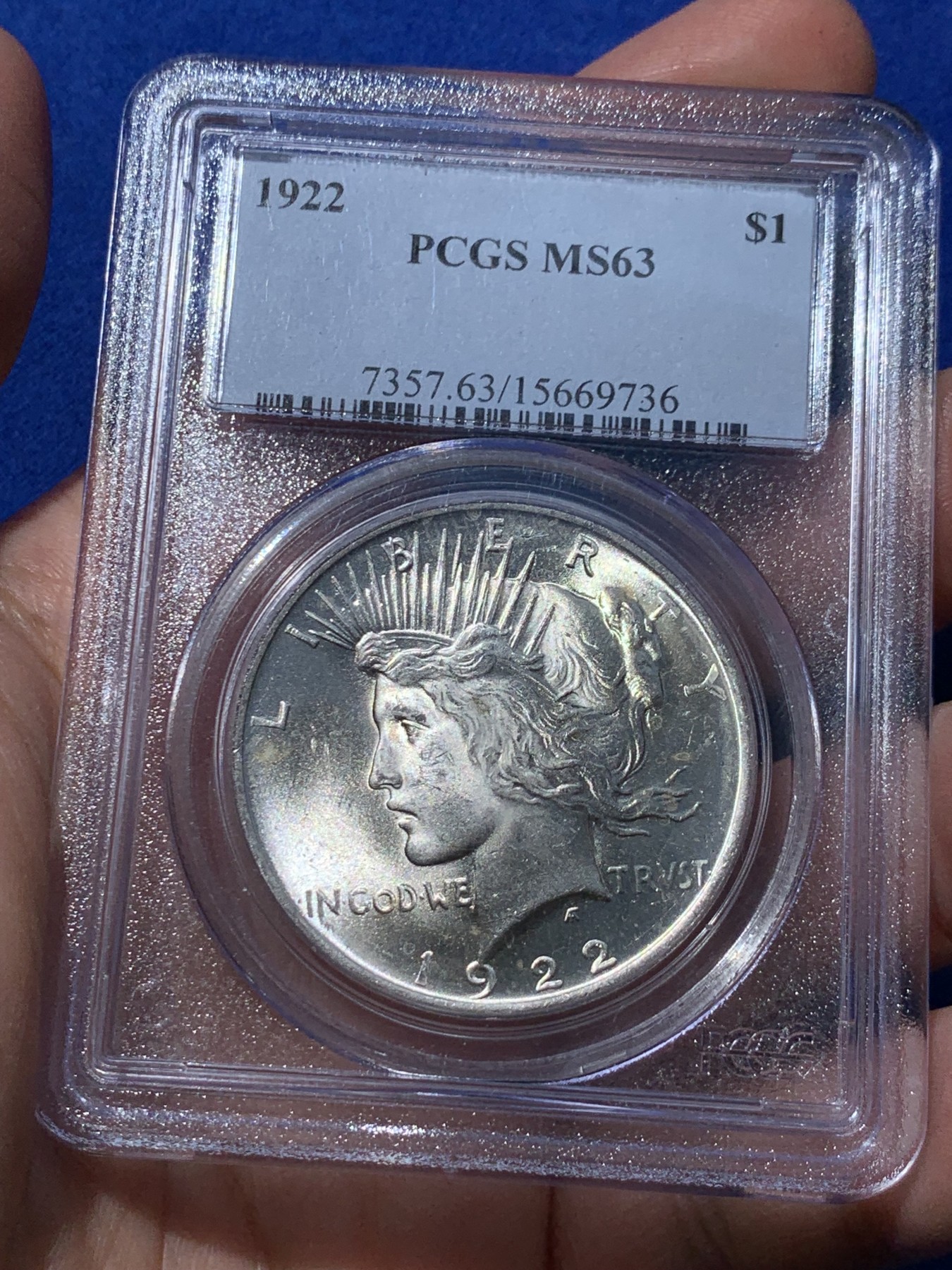 《竞宝斋》第252场-周日，周一2场连拍 (全场包邮) PCGS MS63 美国1922和平银币 PCGS老白盒 低评了 光泽很好 几乎没有大磕碰