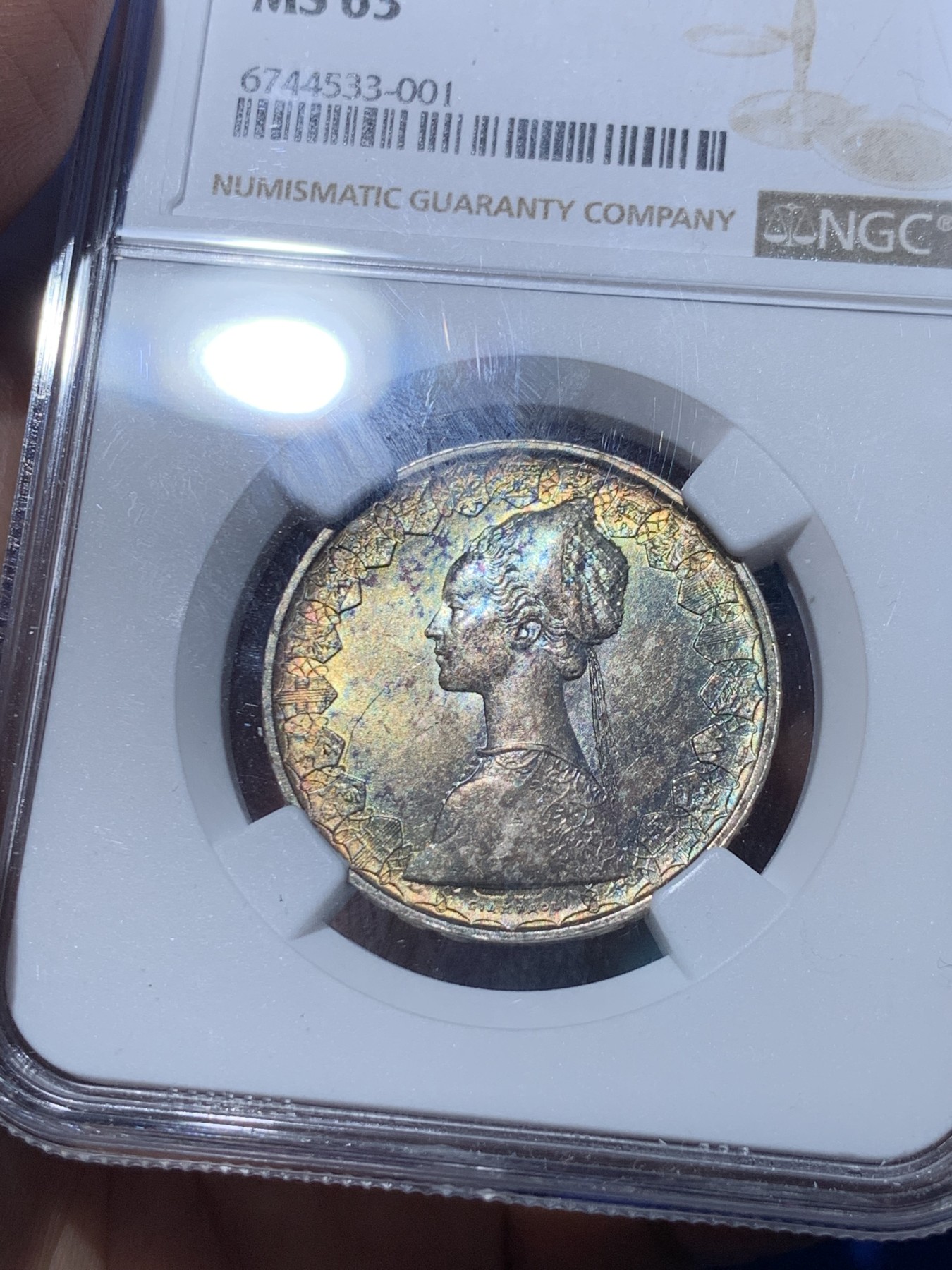 《竞宝斋》第252场-周日，周一2场连拍 (全场包邮) NGC MS63 意大利1959年500里拉银币，早期少见年份，双面带彩，人妻面重绿彩包浆，到手效果惊人，重彩包浆实属难得