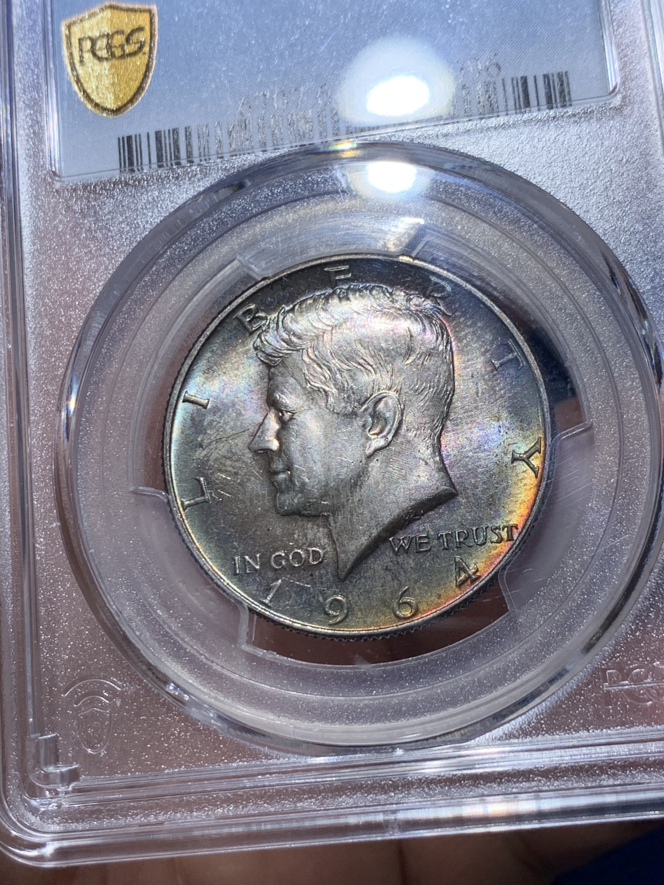 《竞宝斋》第252场-周日，周一2场连拍 (全场包邮) PCGS MS63 美国1964年50美分银币，肯尼迪首年份高银币，双面重彩黑包浆，给分不易