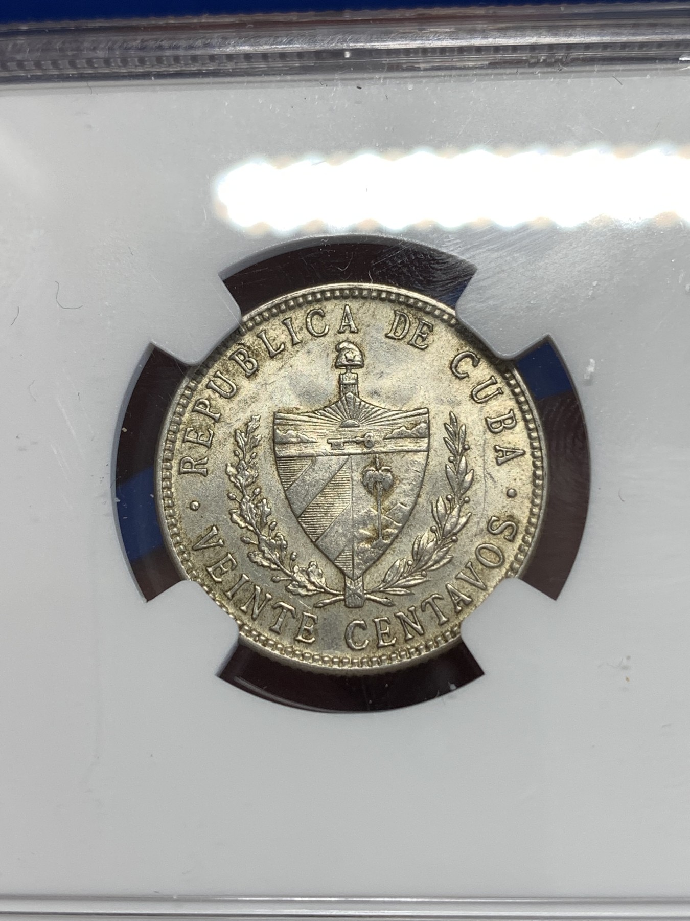 《竞宝斋》第252场-周日，周一2场连拍 (全场包邮) NGC MS62 古巴1948年五星20分银币