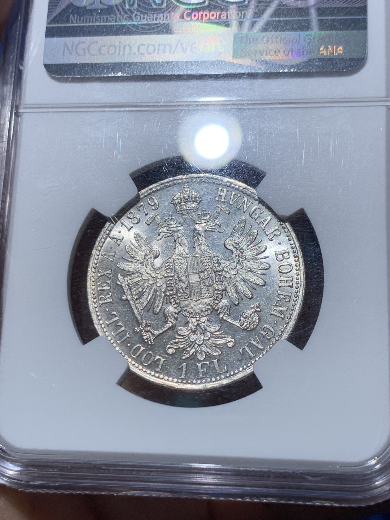 《竞宝斋》第252场-周日，周一2场连拍 (全场包邮) NGC MS64 1879年奥匈帝国奥地利佛罗林银币 高转光 高分少见