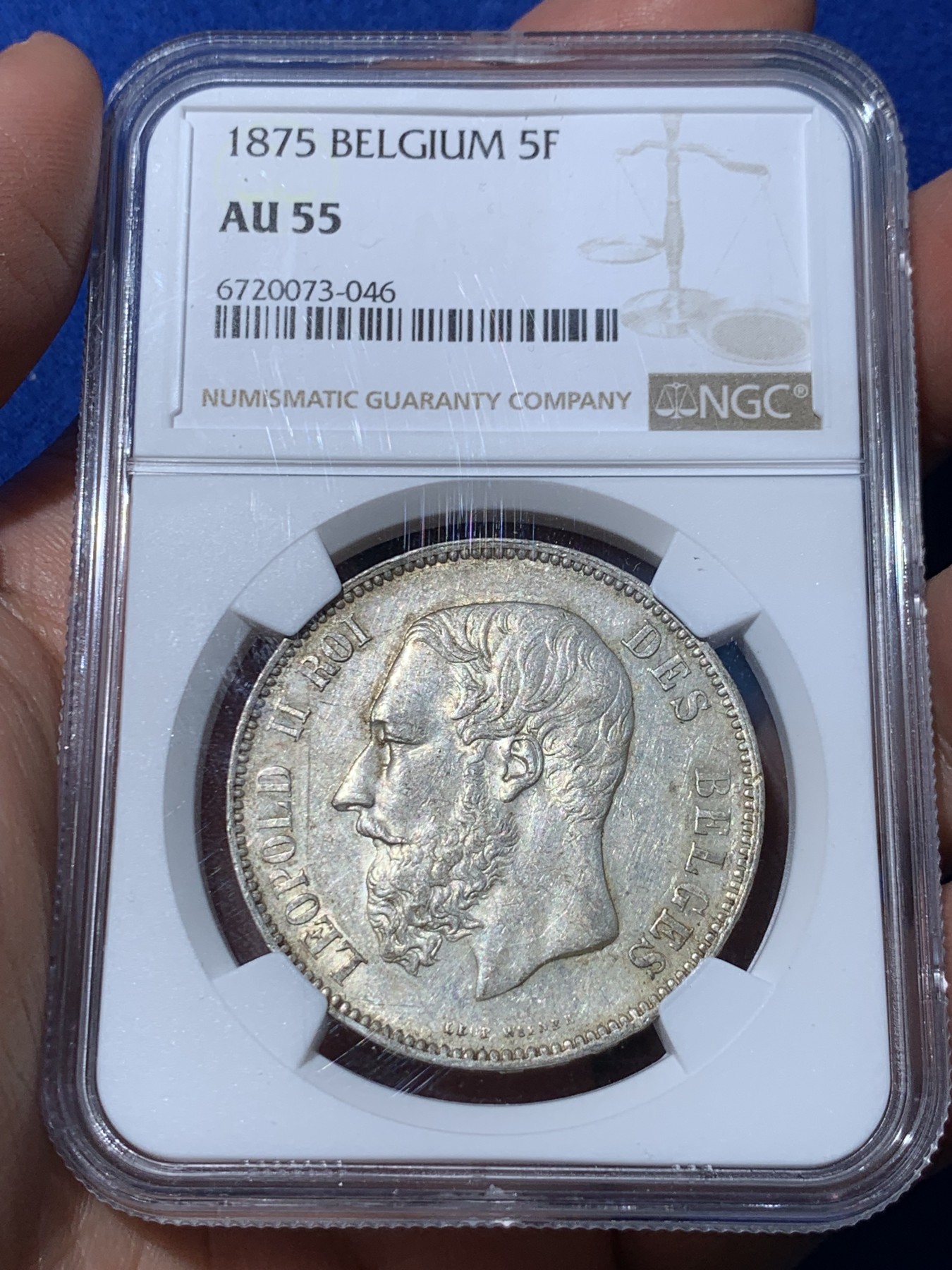 《竞宝斋》第252场-周日，周一2场连拍 (全场包邮) NGC AU55 比利时1875年利奥波德5法郎银币
