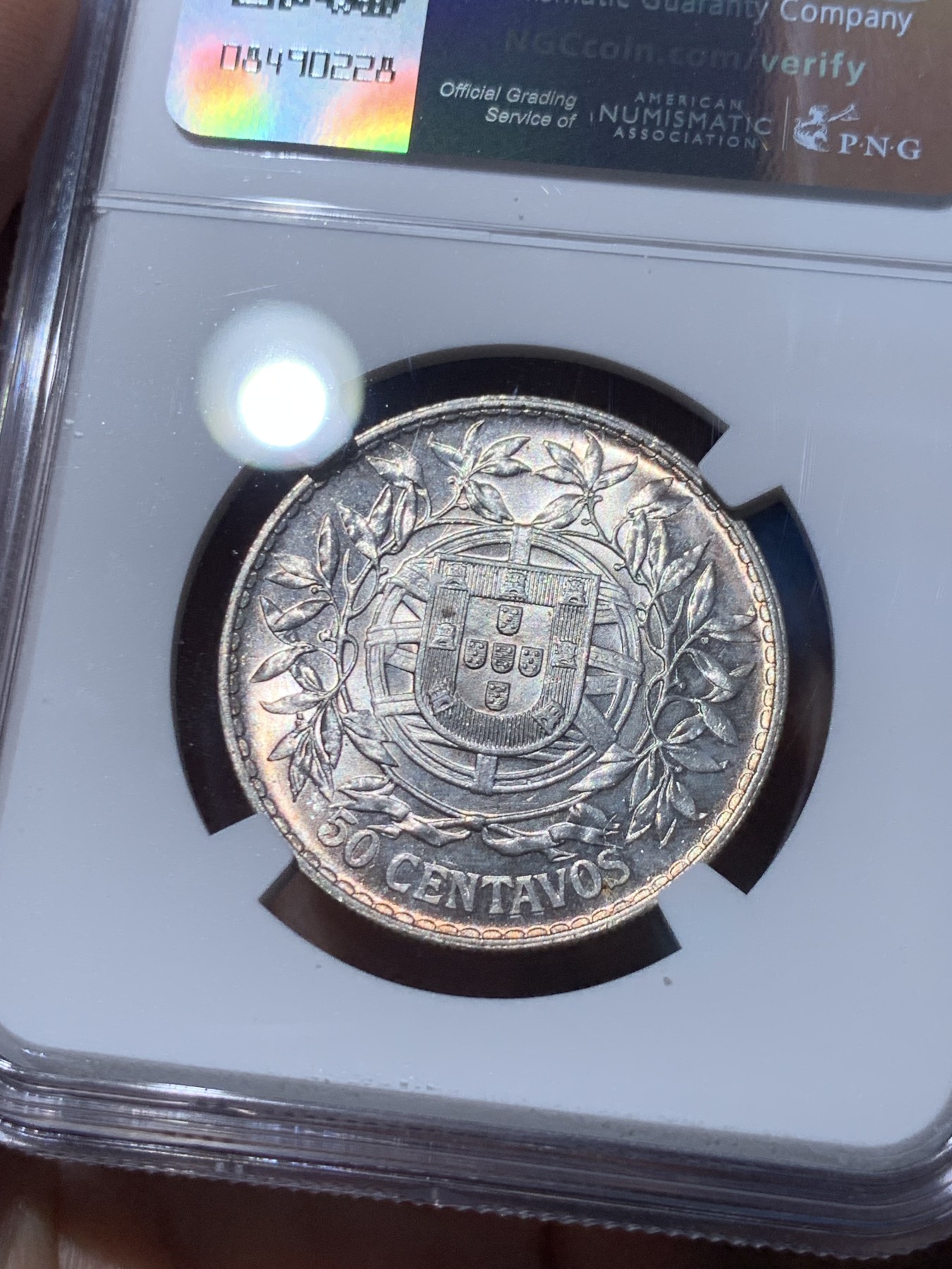 《竞宝斋》第252场-周日，周一2场连拍 (全场包邮) NGC MS62 葡萄牙1916年 自由女神半圆 50分银币