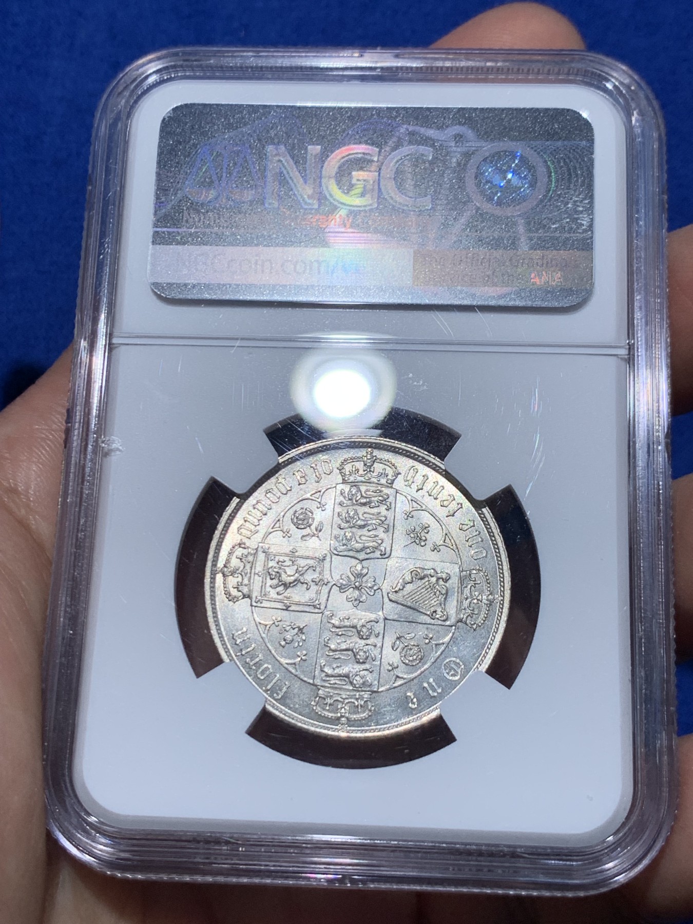 《竞宝斋》第252场-周日，周一2场连拍 (全场包邮) NGC MS62 英国1873哥特弗洛林银币，有点低评，背面纹章细节非常好，每个小狮子都打的很清晰，怎么看也有63吧。