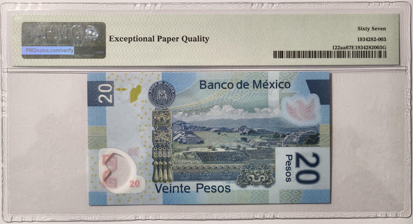 紫瑗钱币——第361期拍卖——纸币场 【首发A冠 PMG 67EPQ】墨西哥 2016年 墨西哥银行 20比索 （P-122aa）