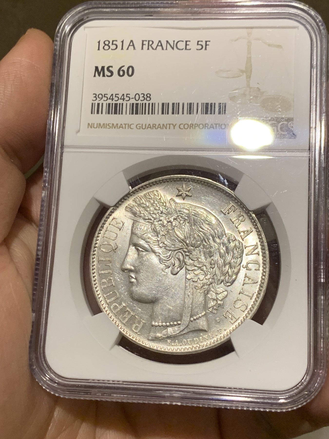 《竞宝斋》第252场-周日，周一2场连拍 (全场包邮) NGC MS60 法国1851年谷物女神5法郎 转光强烈 给了60分低评了 细节见图