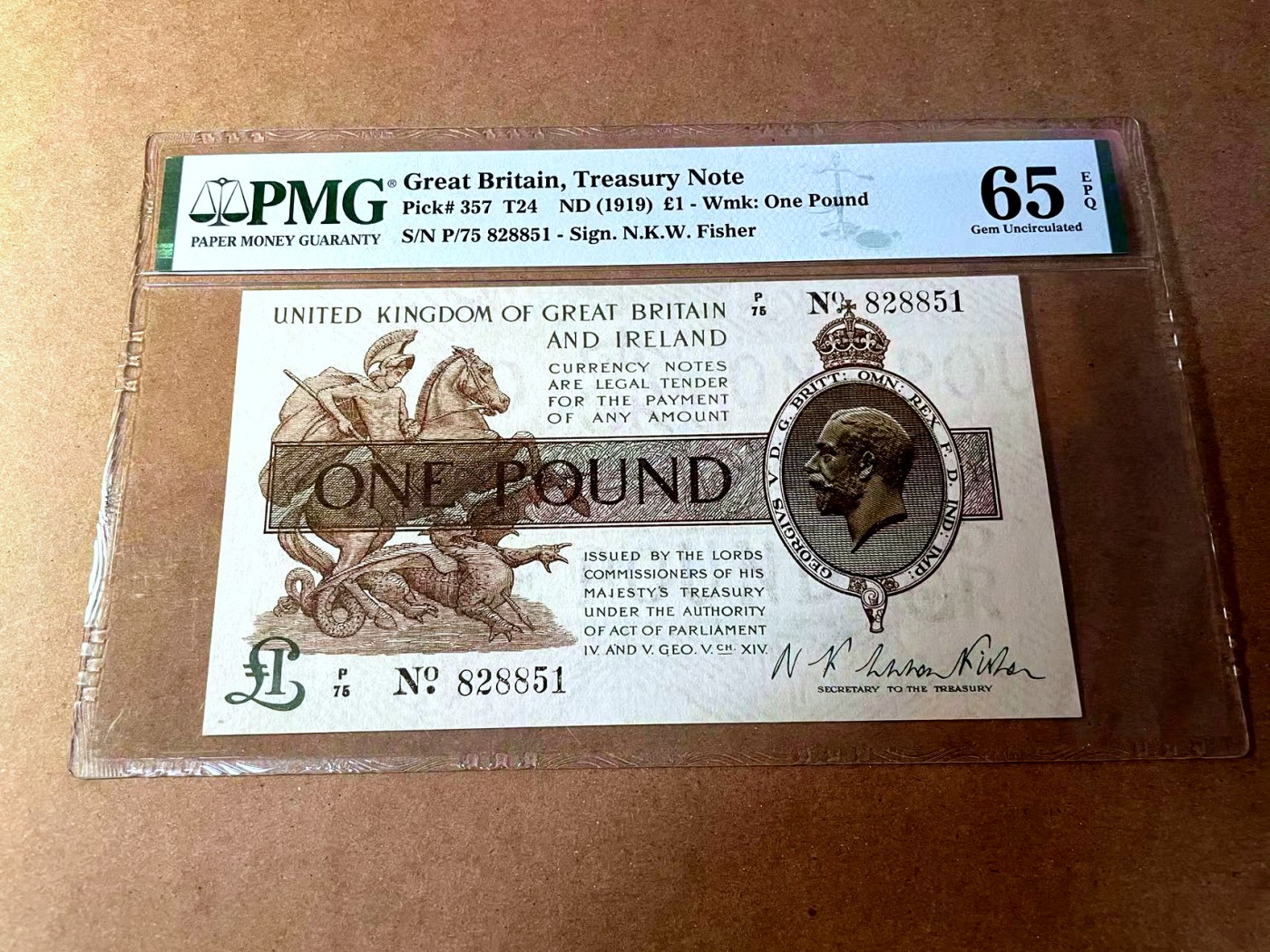 【Blue Auction】✨世界纸币精拍第450期——英伦三岛专场 【p357 无47 名家旧藏】英格兰1919年1镑 PMG65EPQ 乔治五世  经典圣乔治屠龙和威斯敏斯特设计  